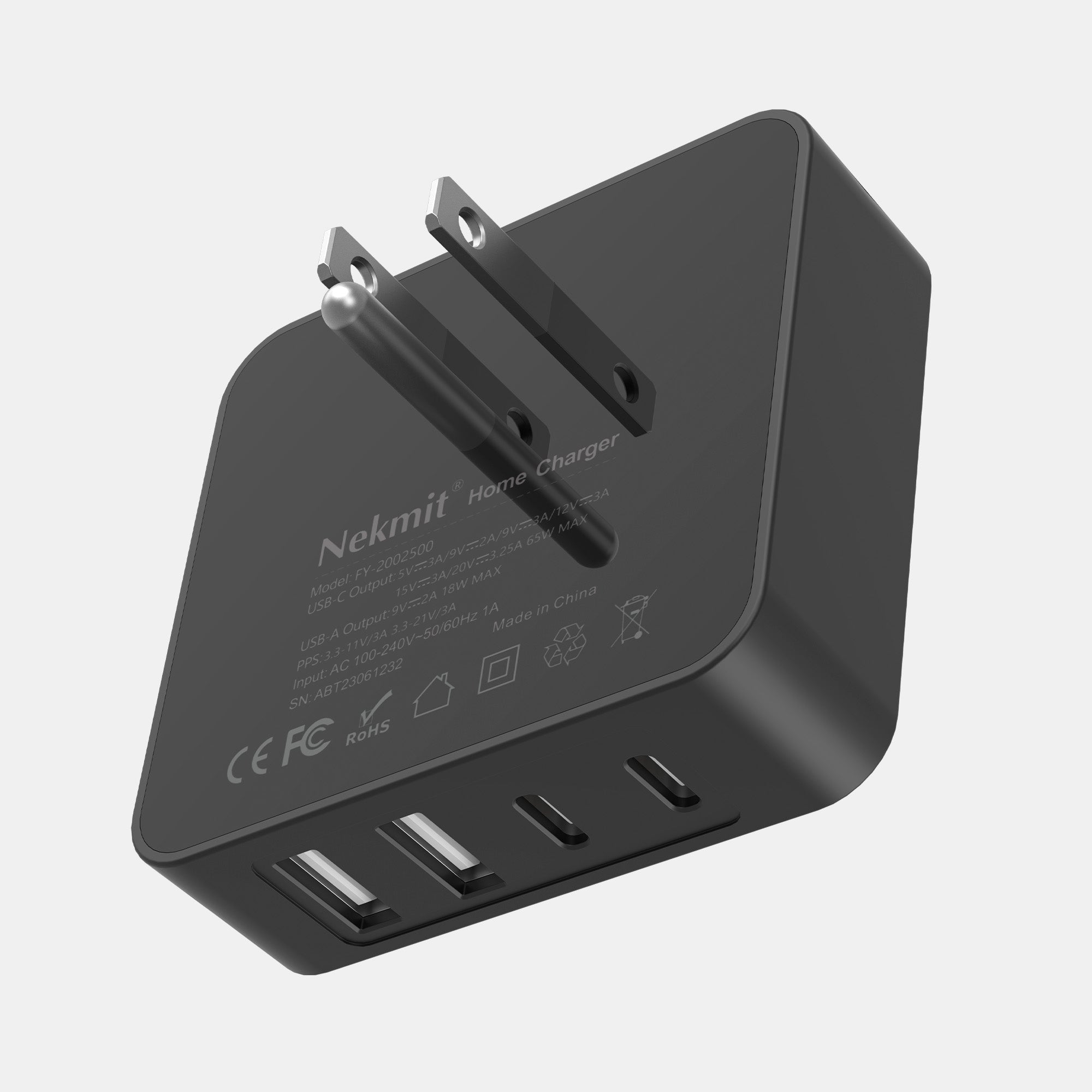 Black Nekmit home charger with multiple ports on a light gray background
