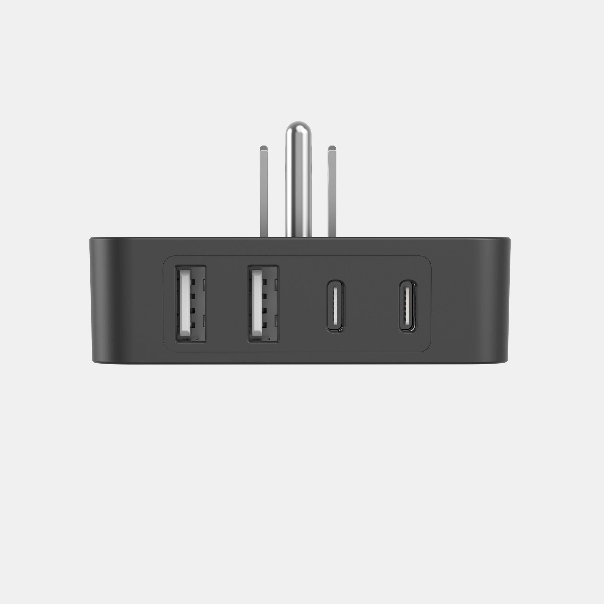Black USB hub with multiple ports on a light gray background