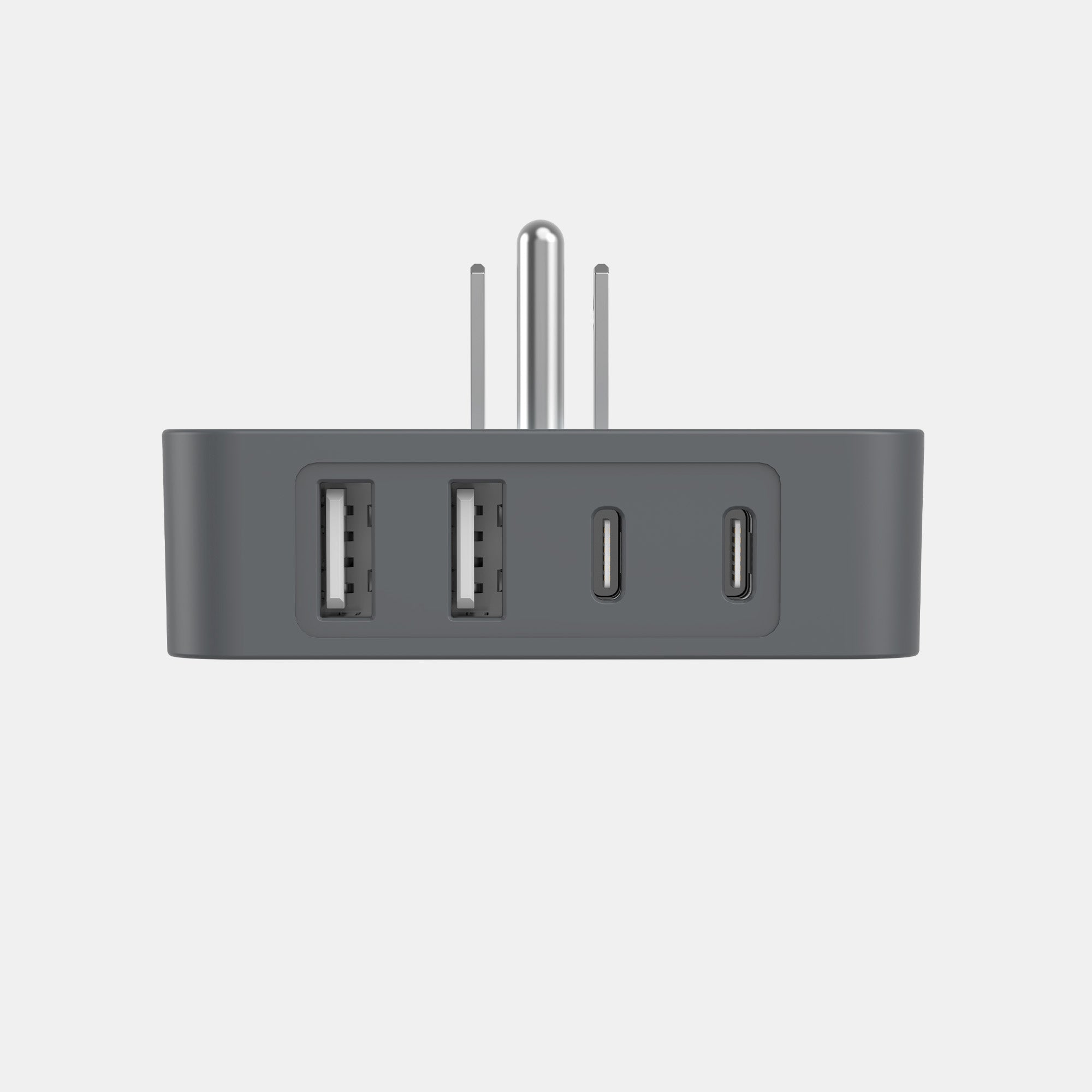 Gray USB hub with multiple ports on a light gray background