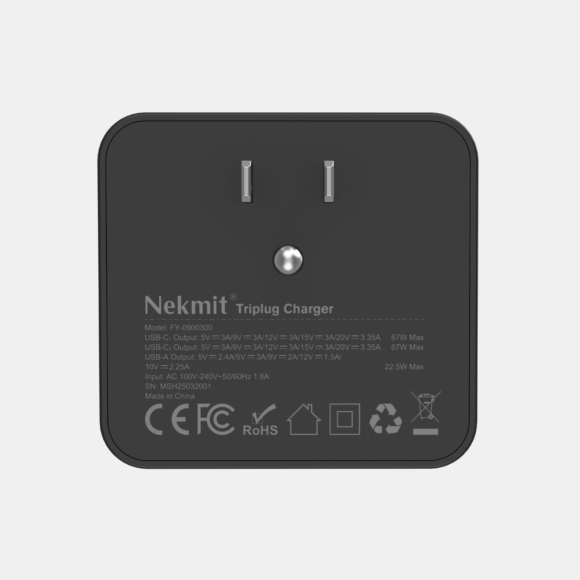 Nekmit triplug charger on a light gray background