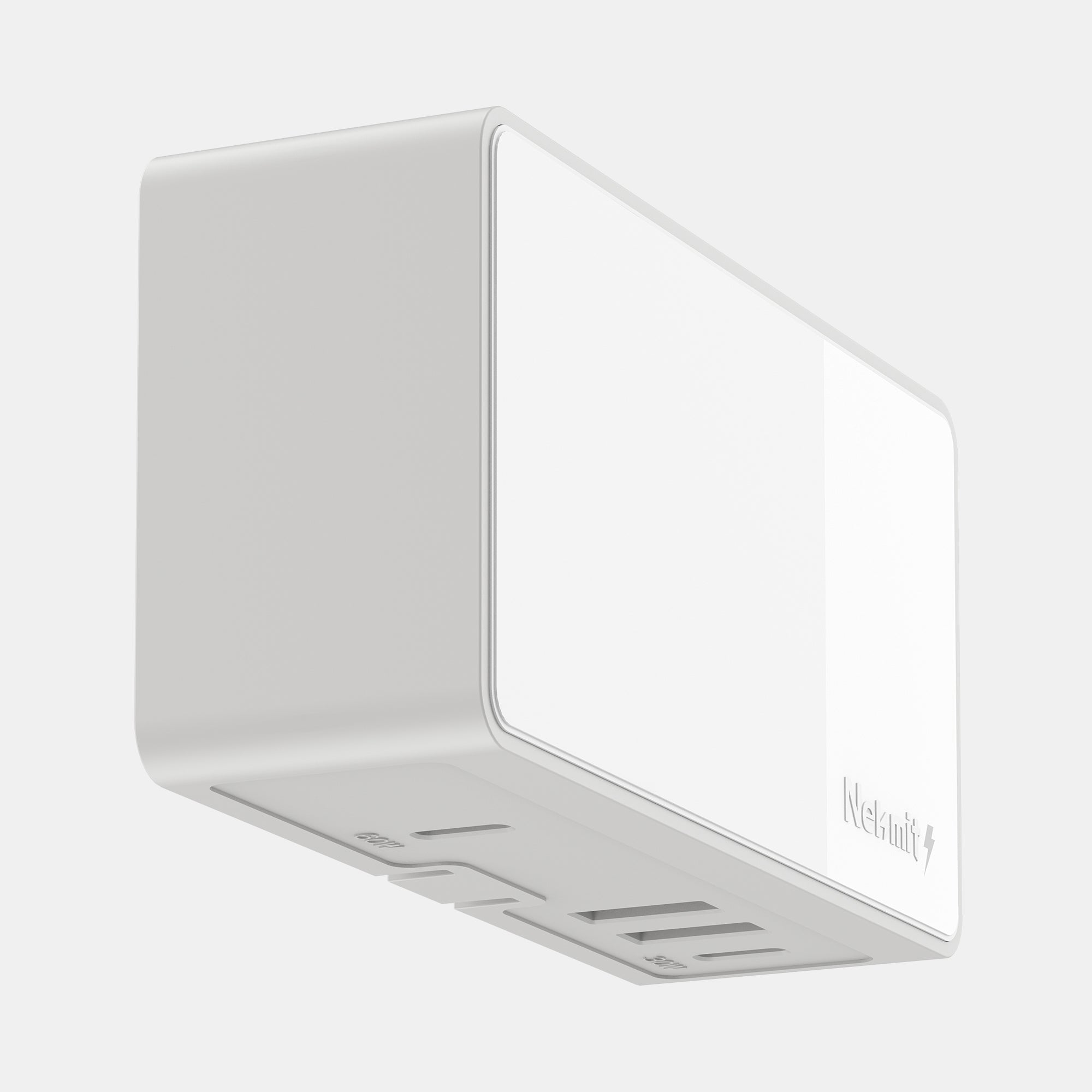 White electronic device with multiple ports on a light gray background
