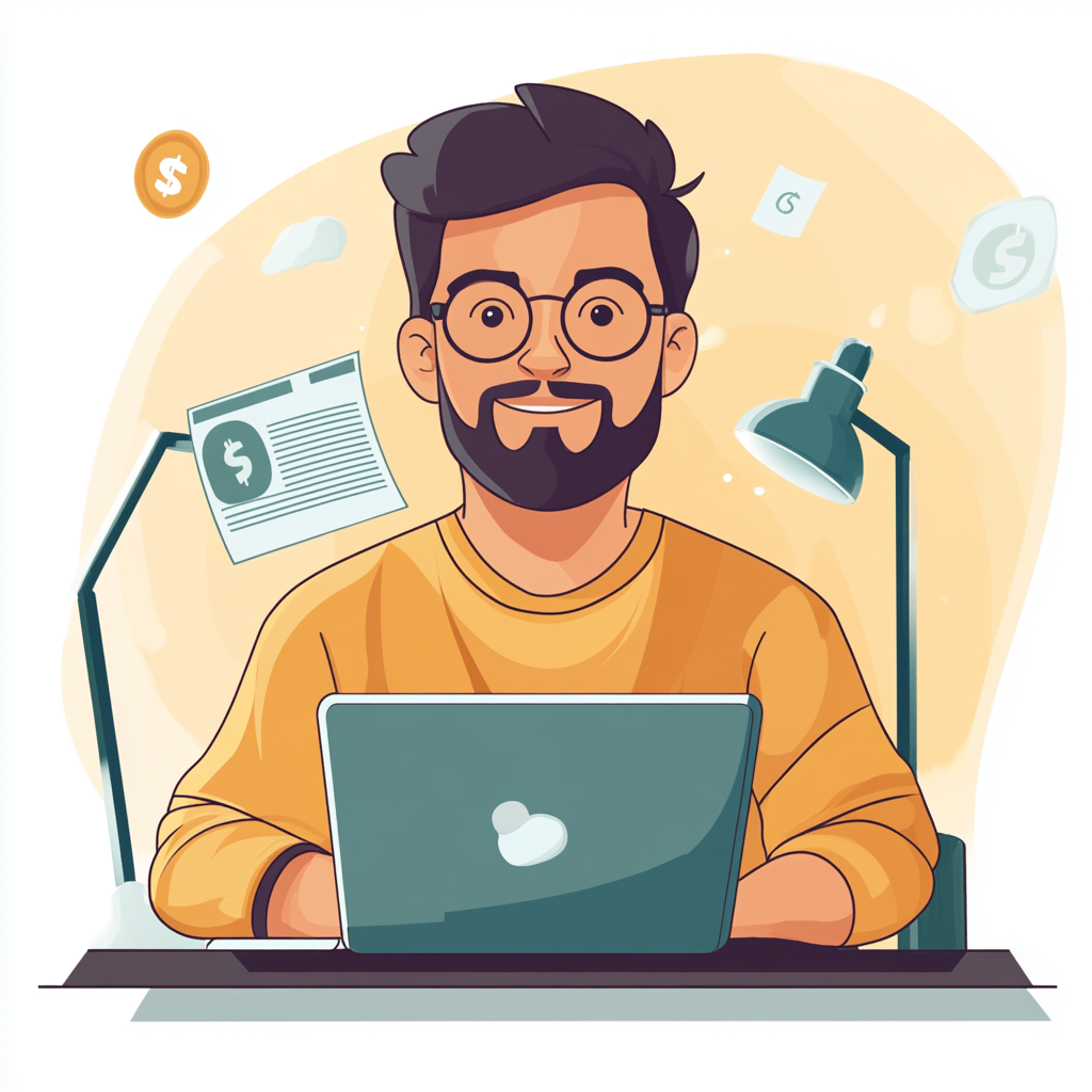 Illustration of a man with glasses and a beard sitting at a desk with a laptop, surrounded by money symbols.