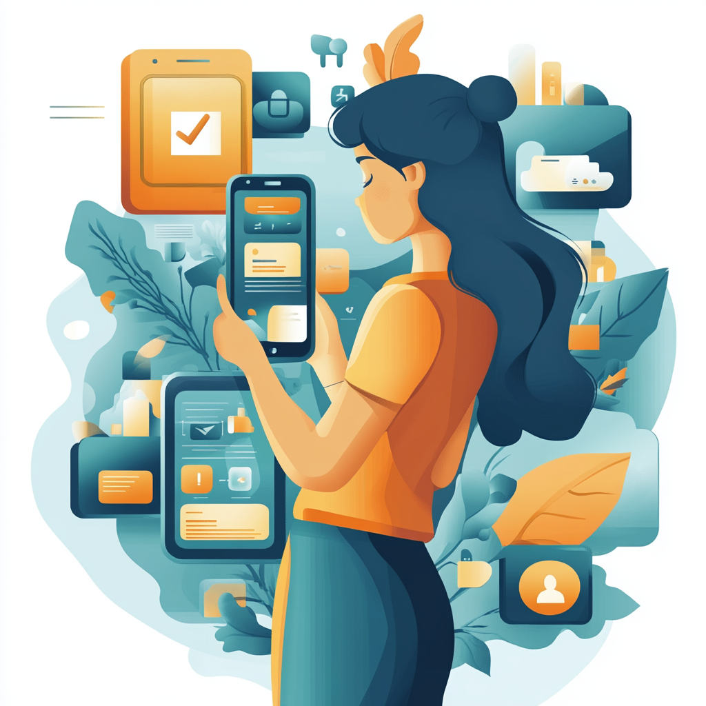 Illustration of a woman using a smartphone with various app icons around her.