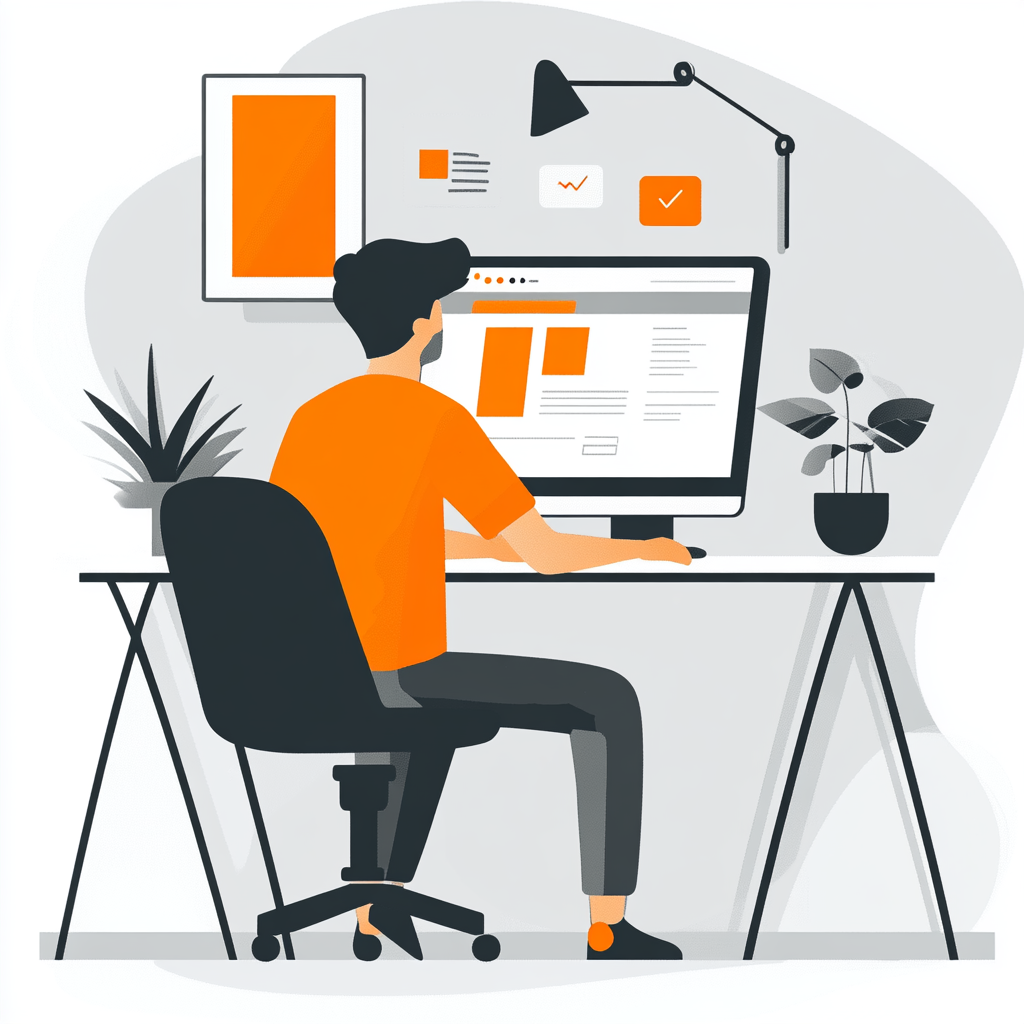 Illustration of a person working at a desk with a computer, surrounded by office elements.