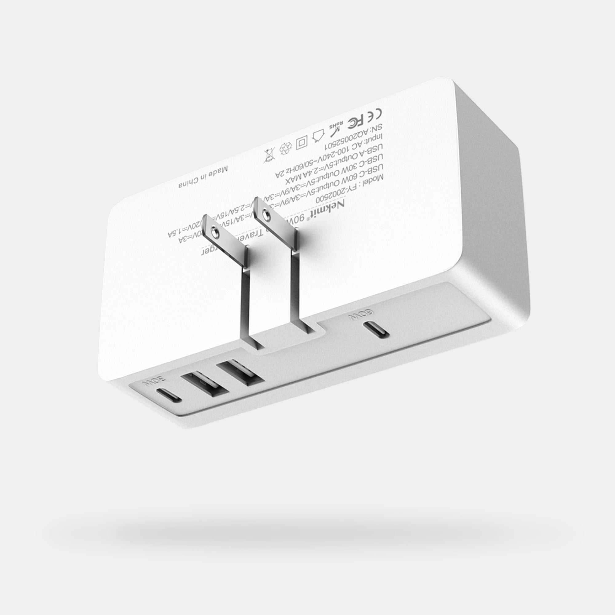 White electronic device with multiple ports on a light gray background