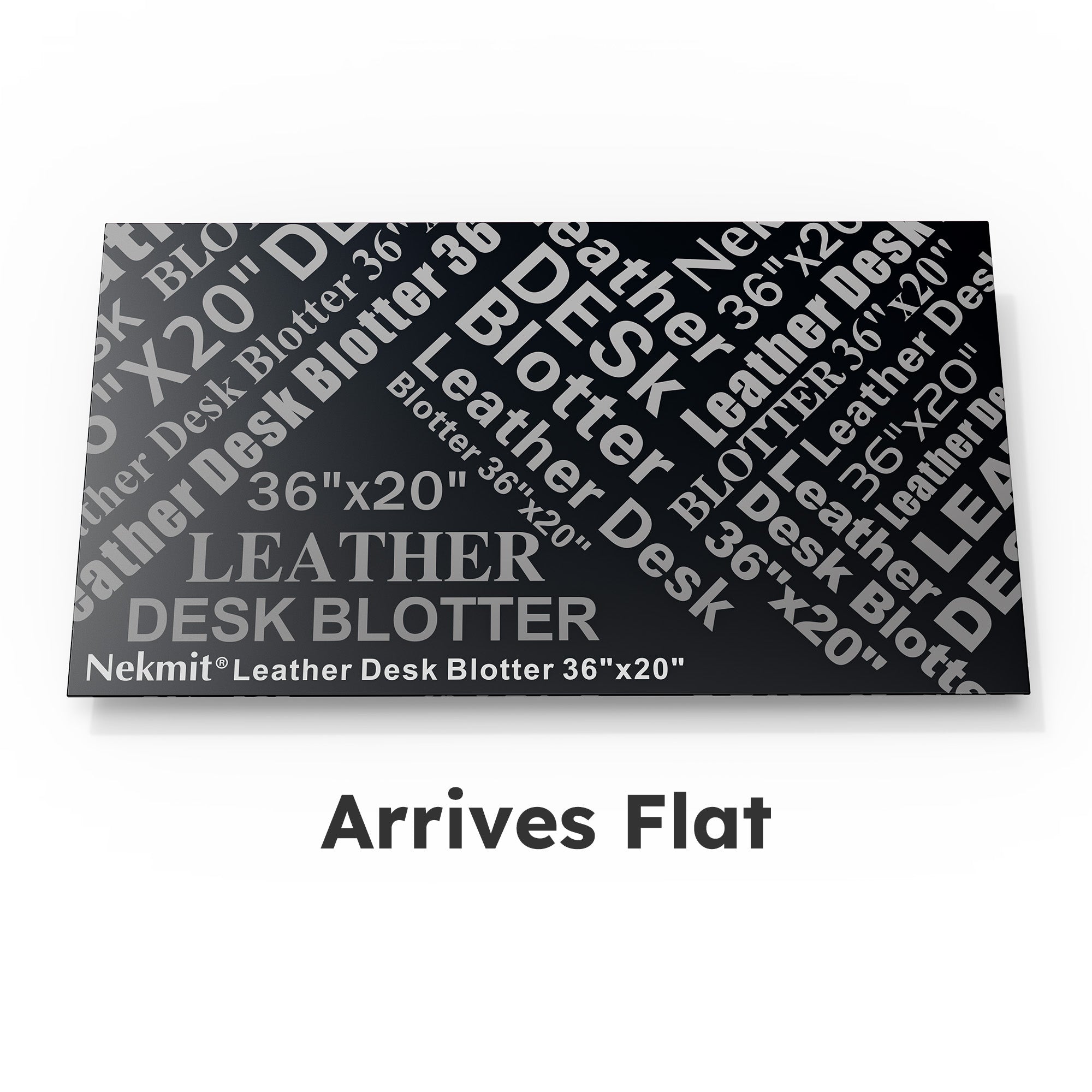 Nekmit leather desk blotter packaging with branding and product details.