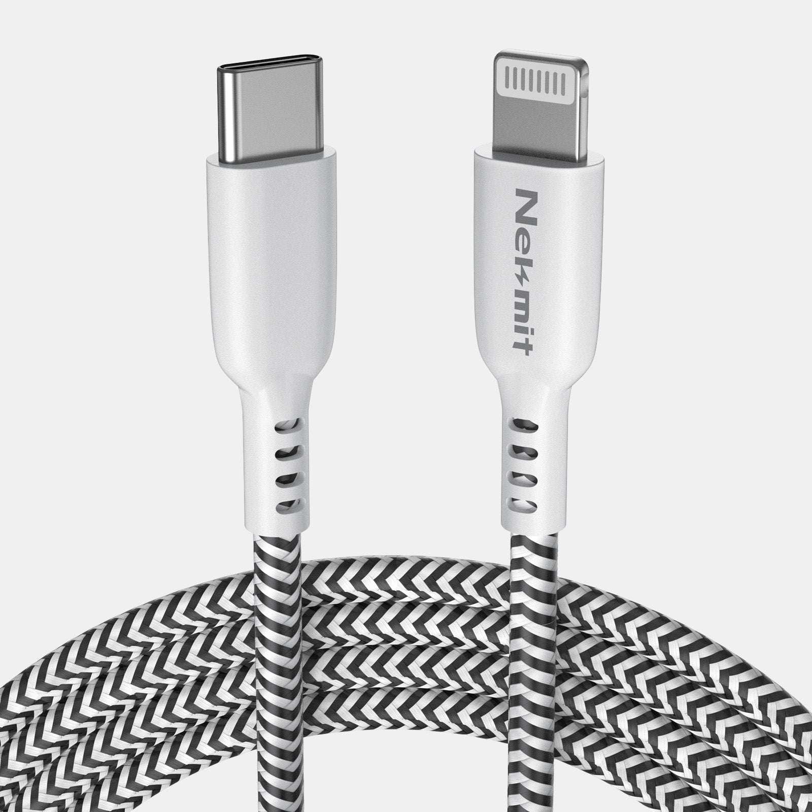 White charging cable with USB-C and Lightning connectors on a light gray background
