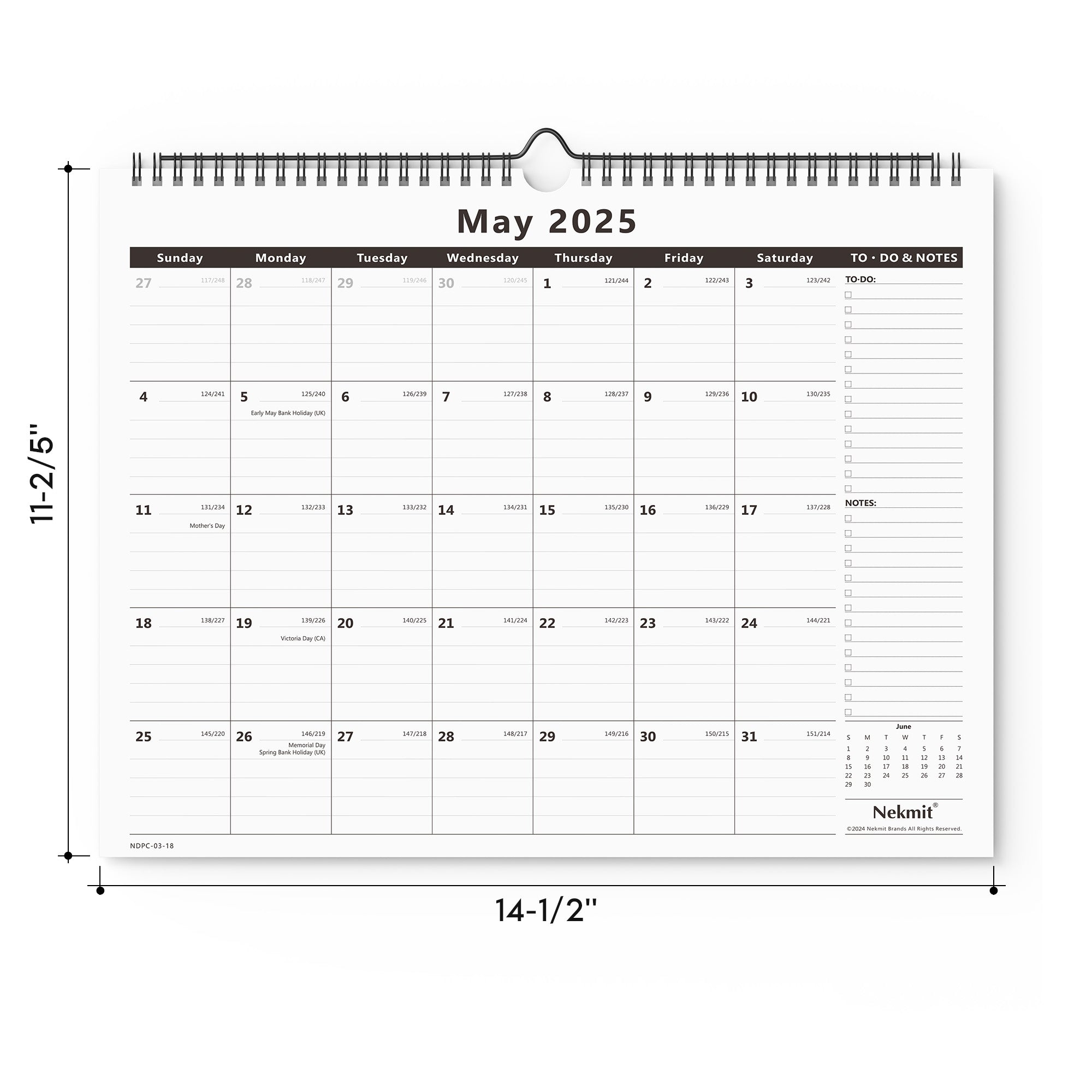 Nekmit 2025 - 2026 Ruled Blocks Wall Calendar 15" x 12"