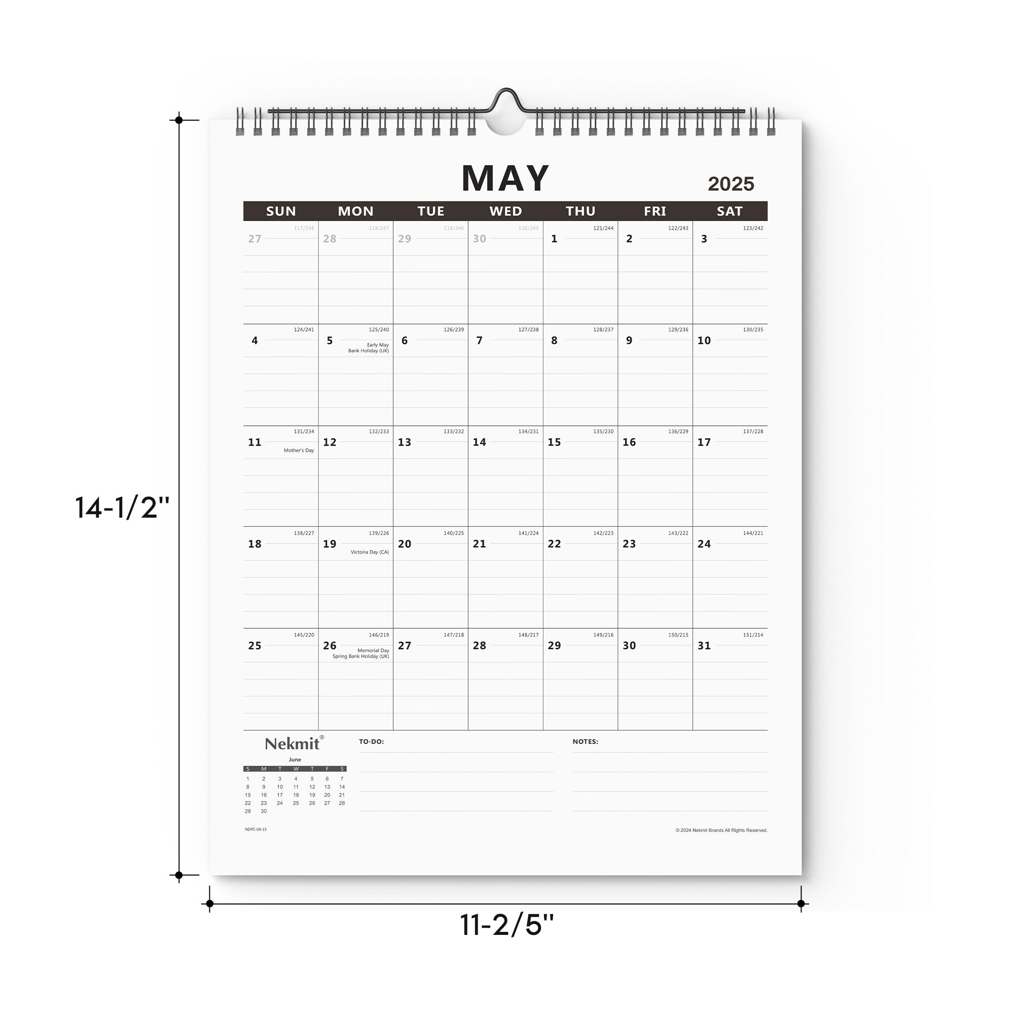 Nekmit 2025 - 2026 Wirebound Wall Calendar 15" x 12"