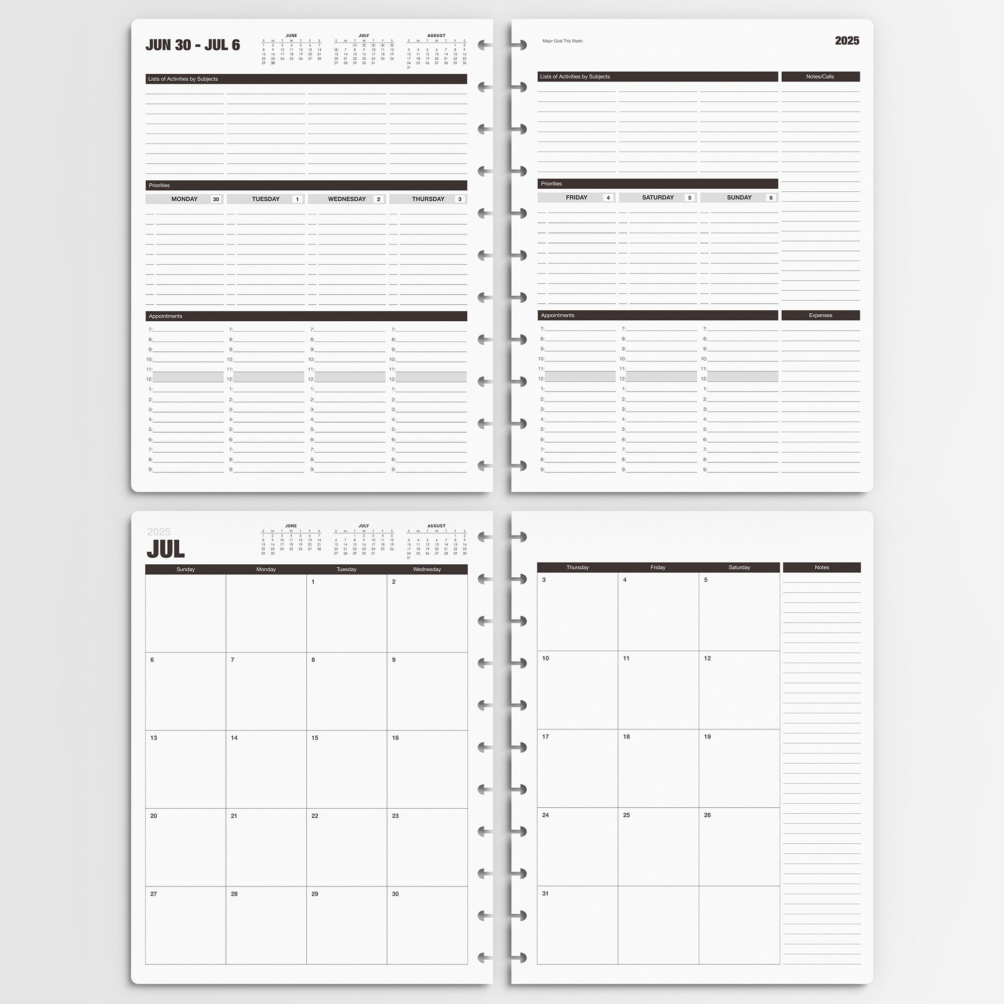Nekmit Jul 2025 to Dec 2025 Refills for 3 Tier Discbound Weekly Planner