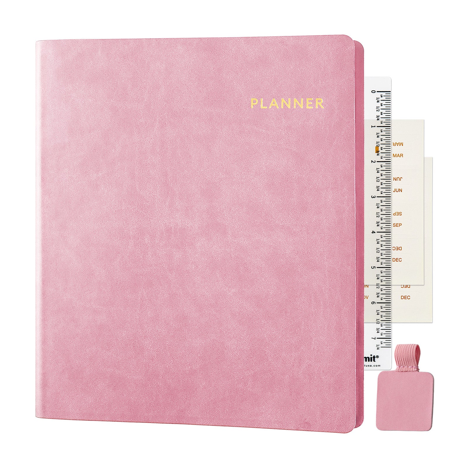 Pink planner with a small pink bottle and ruler on a white background