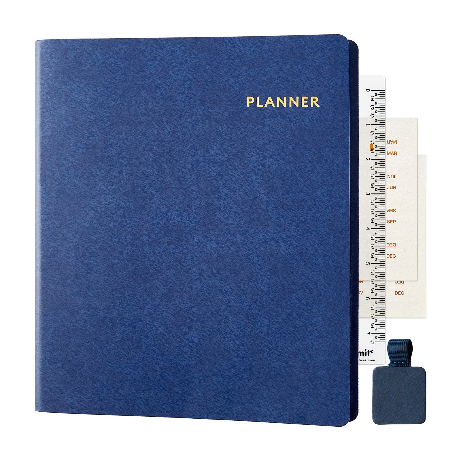 Blue planner with gold text, ruler, and small blue pouch on a white background