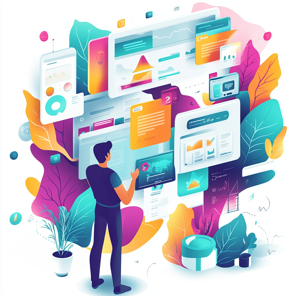 Illustration of a person interacting with digital interfaces on a colorful background