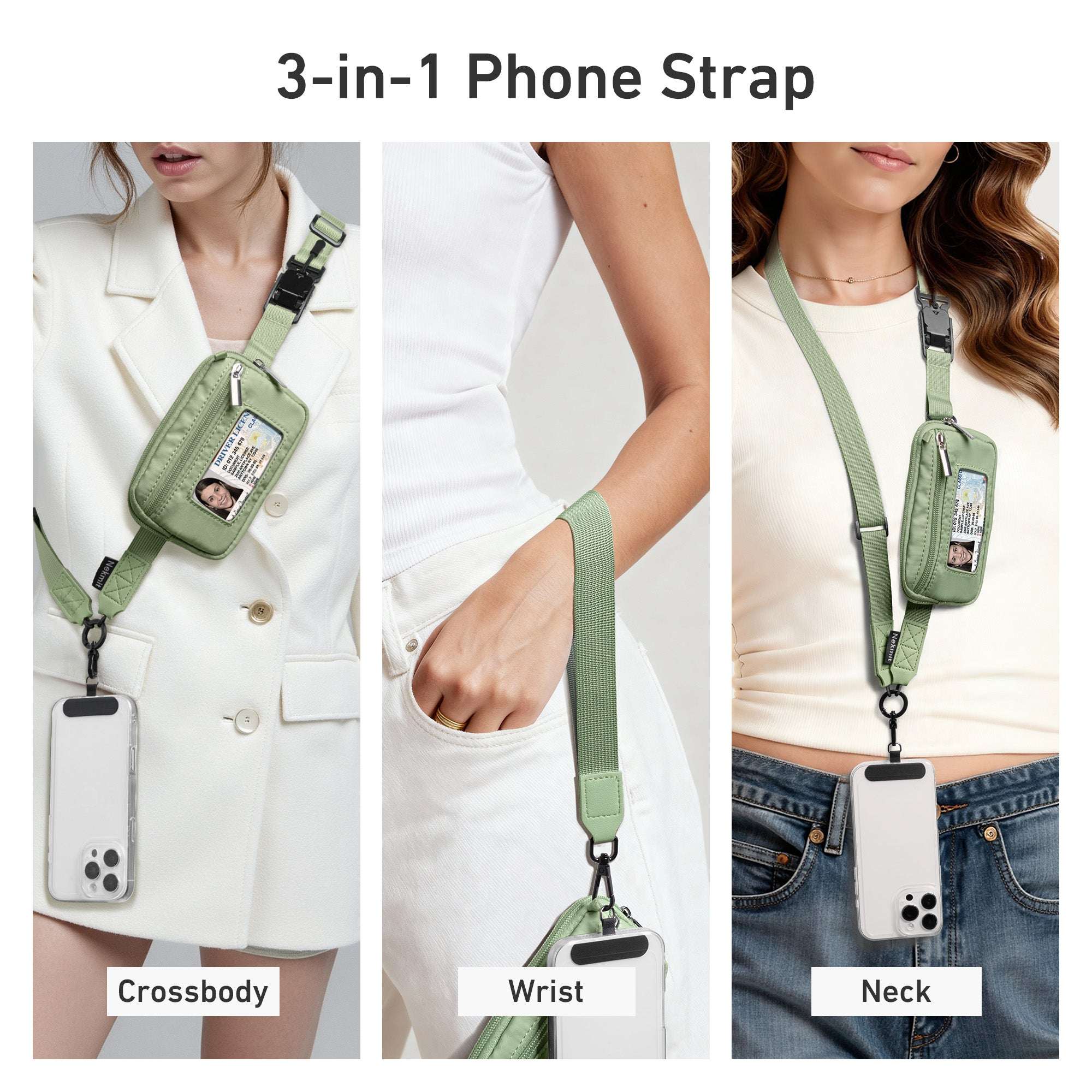 Nekmit Clip and Go Strap for Phone with Wallet Crossbody Green
