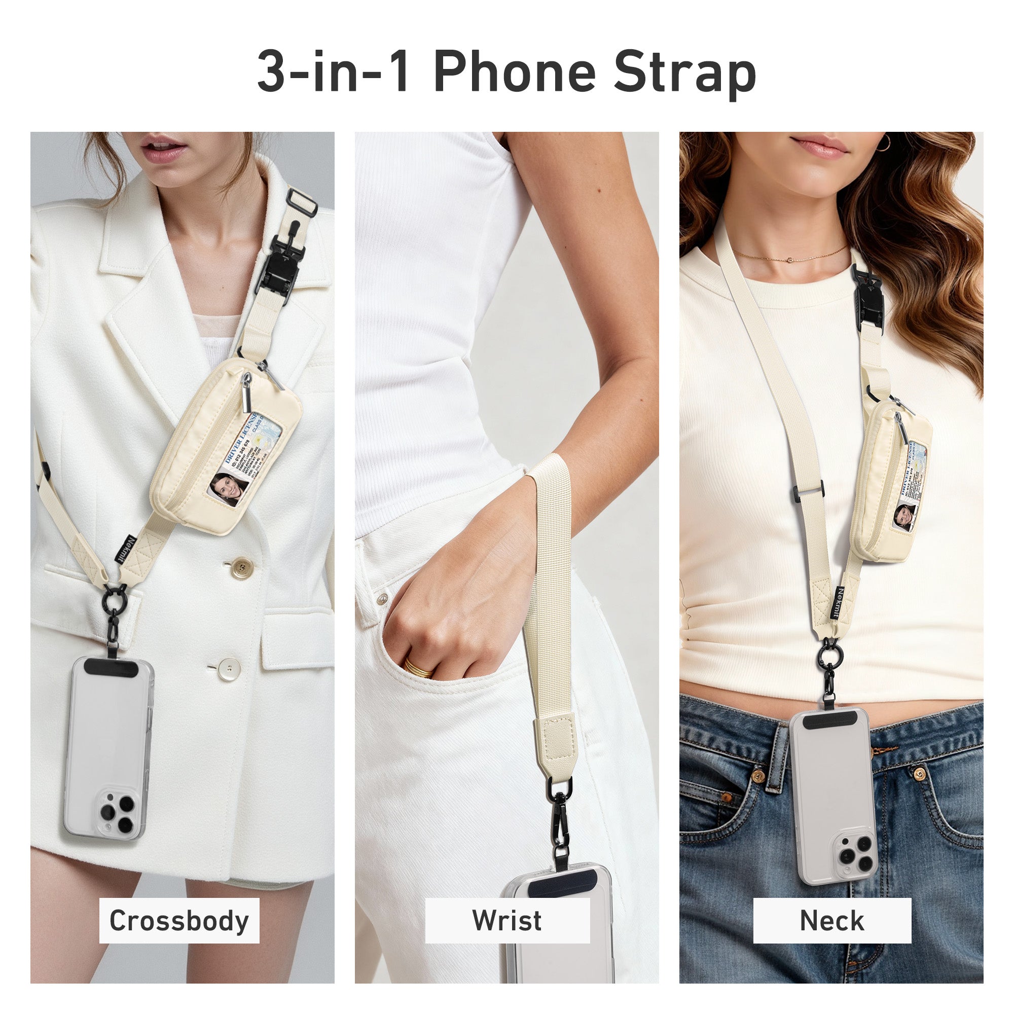 Nekmit Clip and Go Strap for Phone with Wallet Crossbody Beige