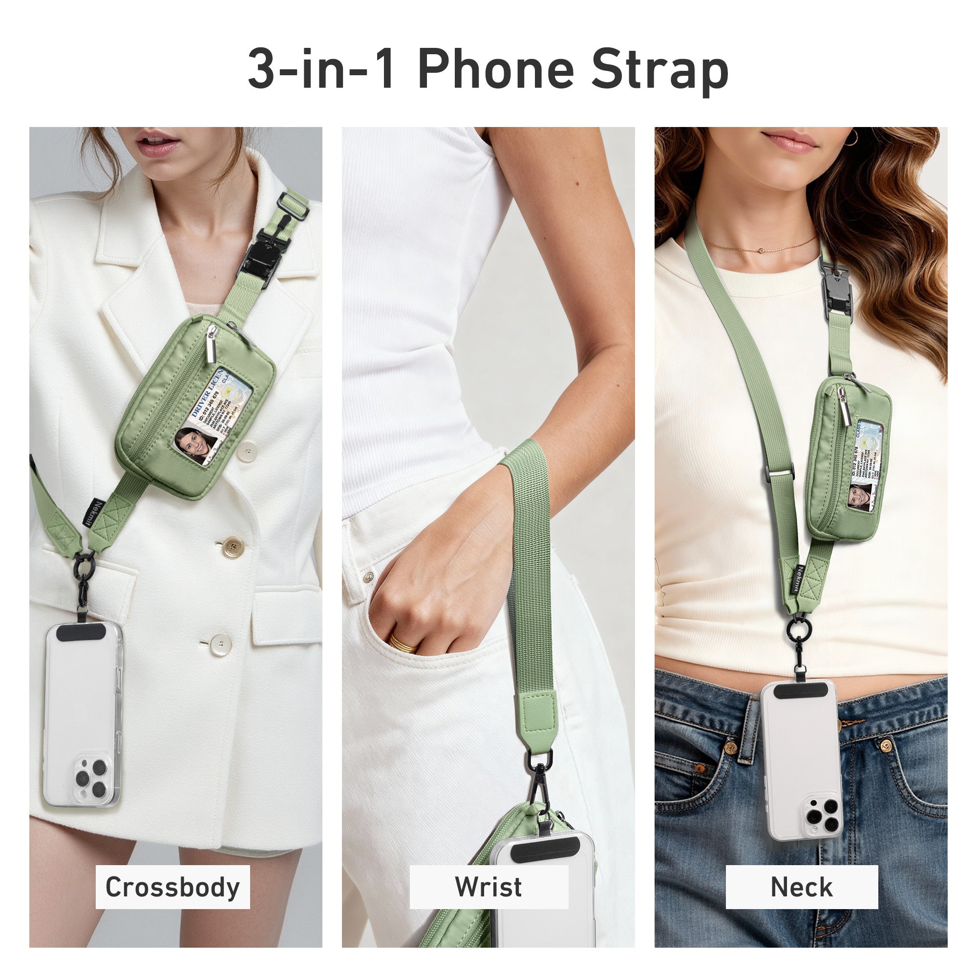 Nekmit Clip and Go Strap for Phone with Wallet Crossbody Green