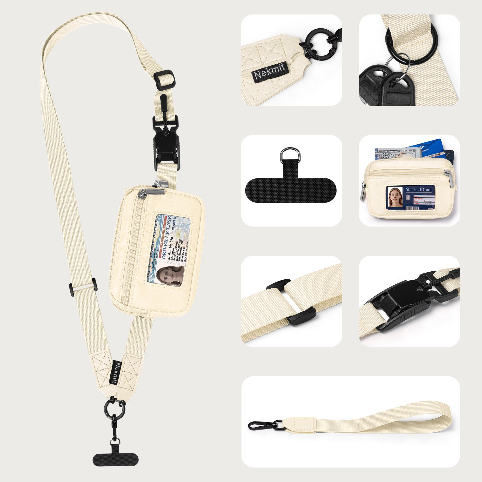 Nekmit Clip and Go Strap for Phone with Wallet Crossbody Beige