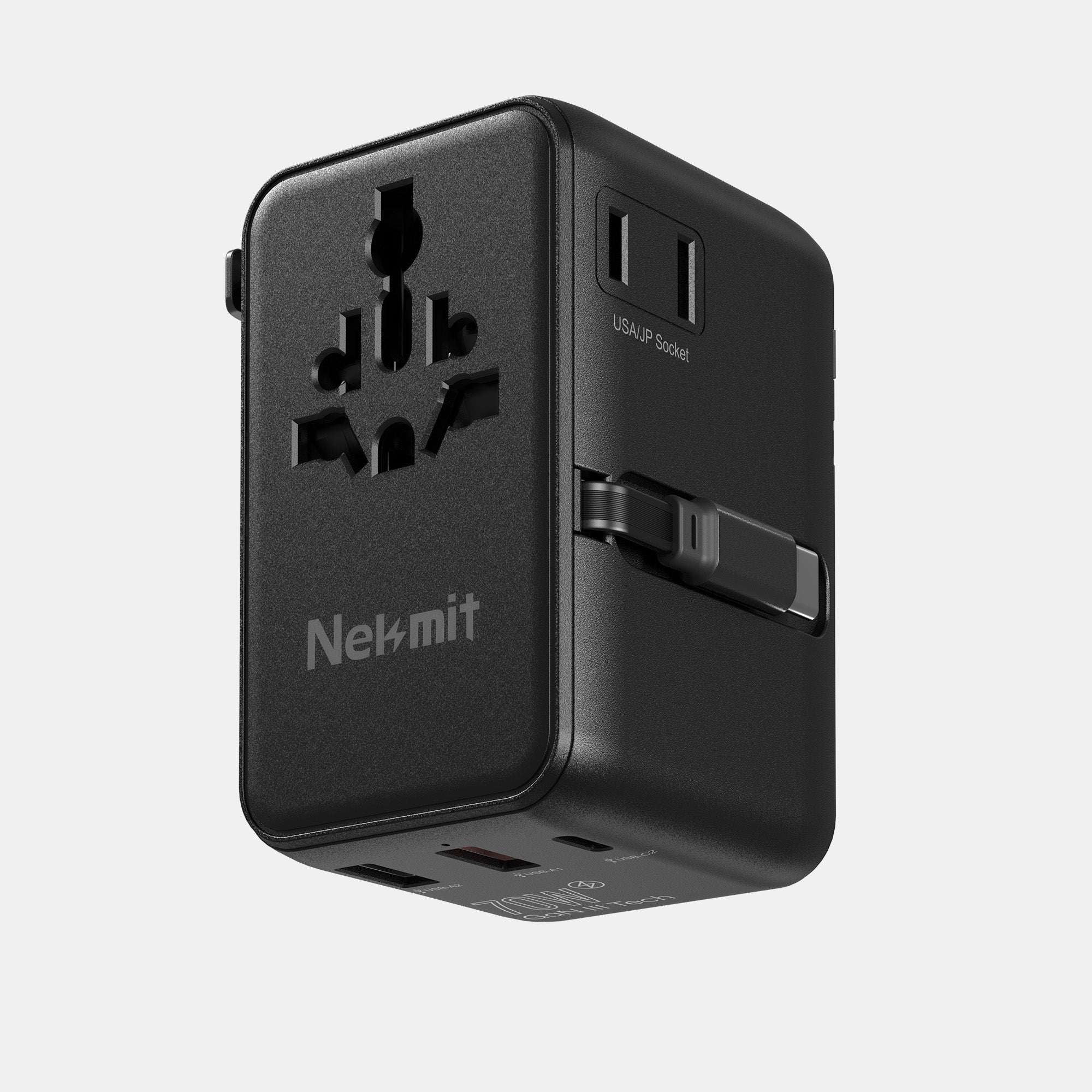 70W Universal Travel Adapter with Retractable Cable Black