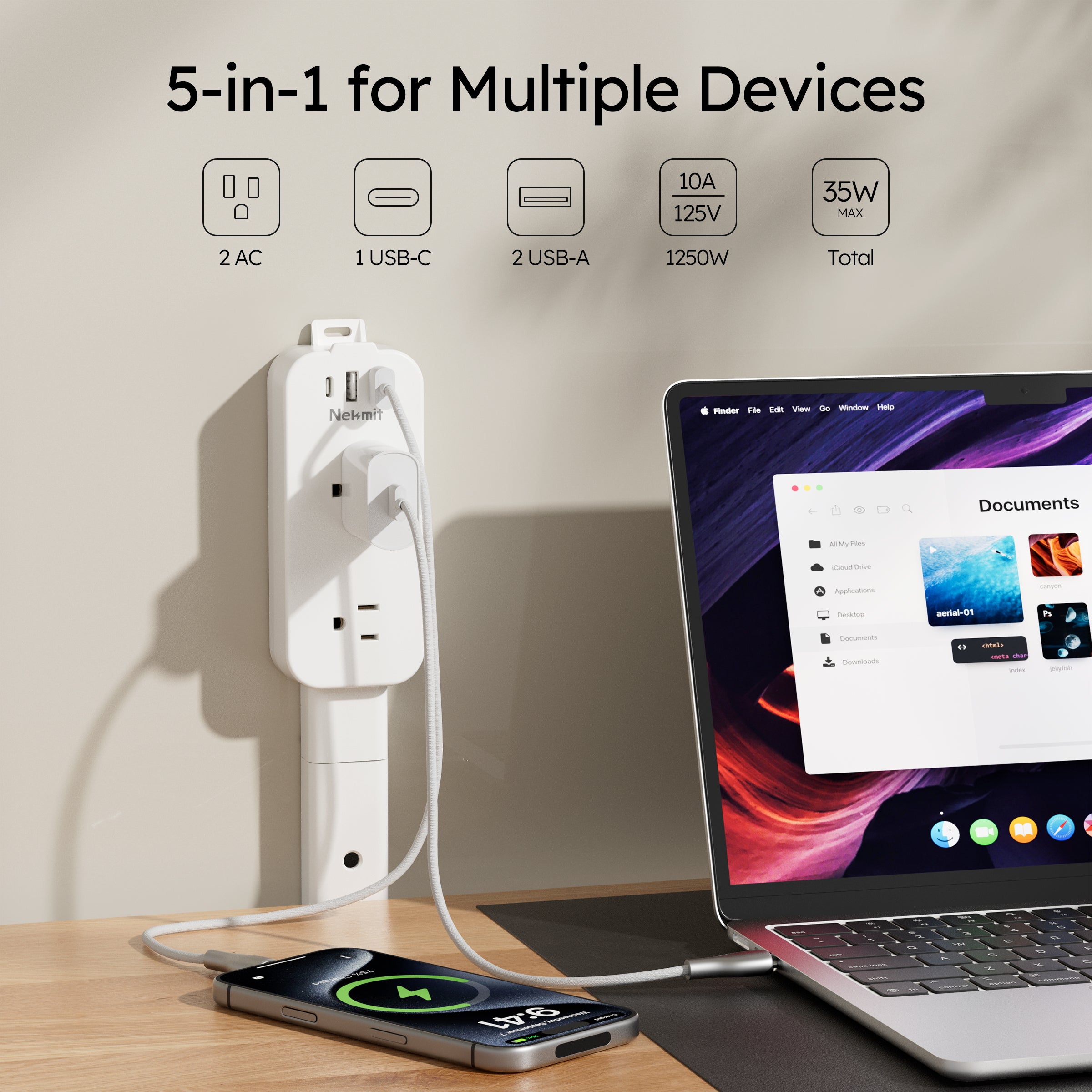 Nekmit 36" Outlet Extender Stick, 4-Way Rotation, 1 USB-C + 2 USB-A + 2 AC