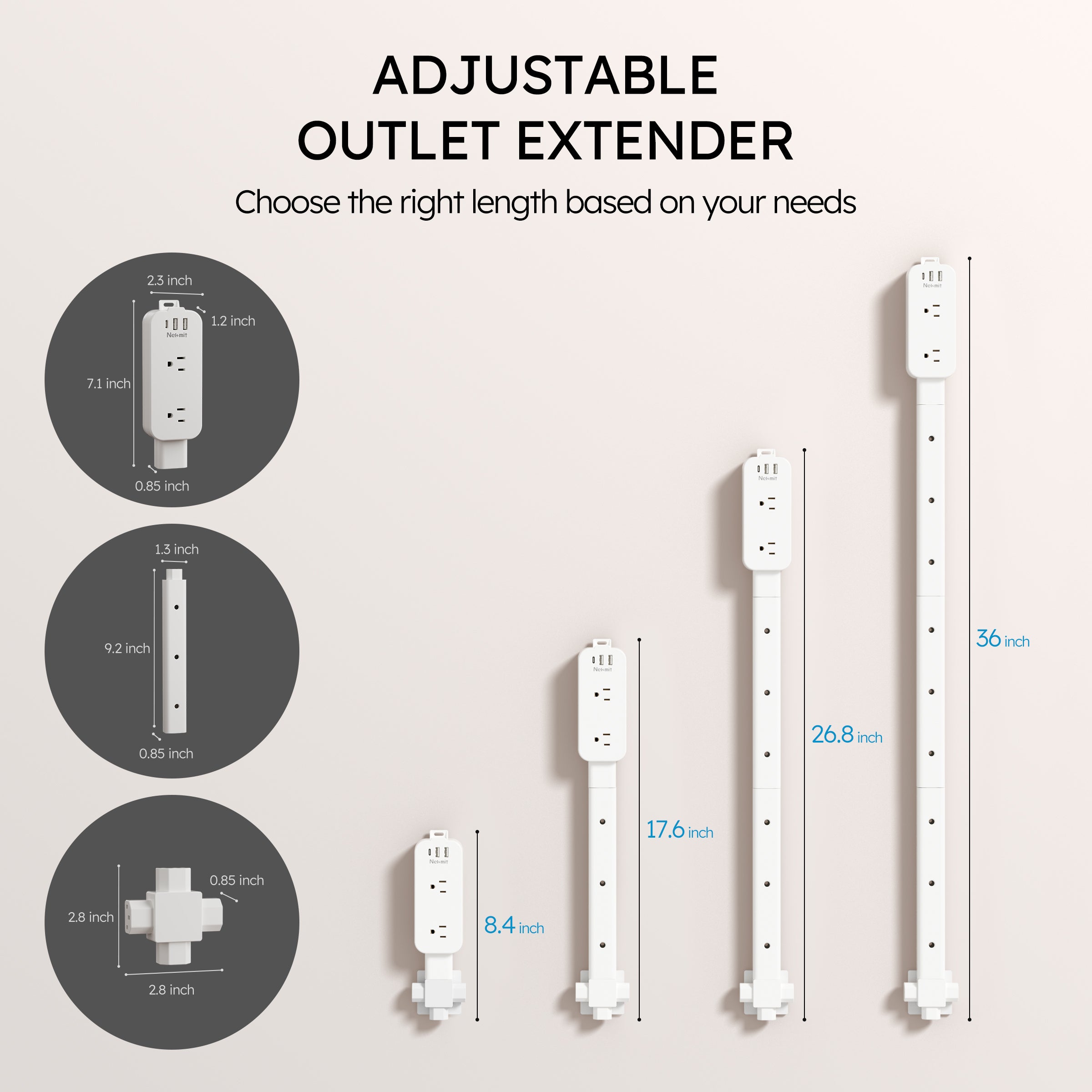 Nekmit 36" Outlet Extender Stick, 4-Way Rotation, 1 USB-C + 2 USB-A + 2 AC