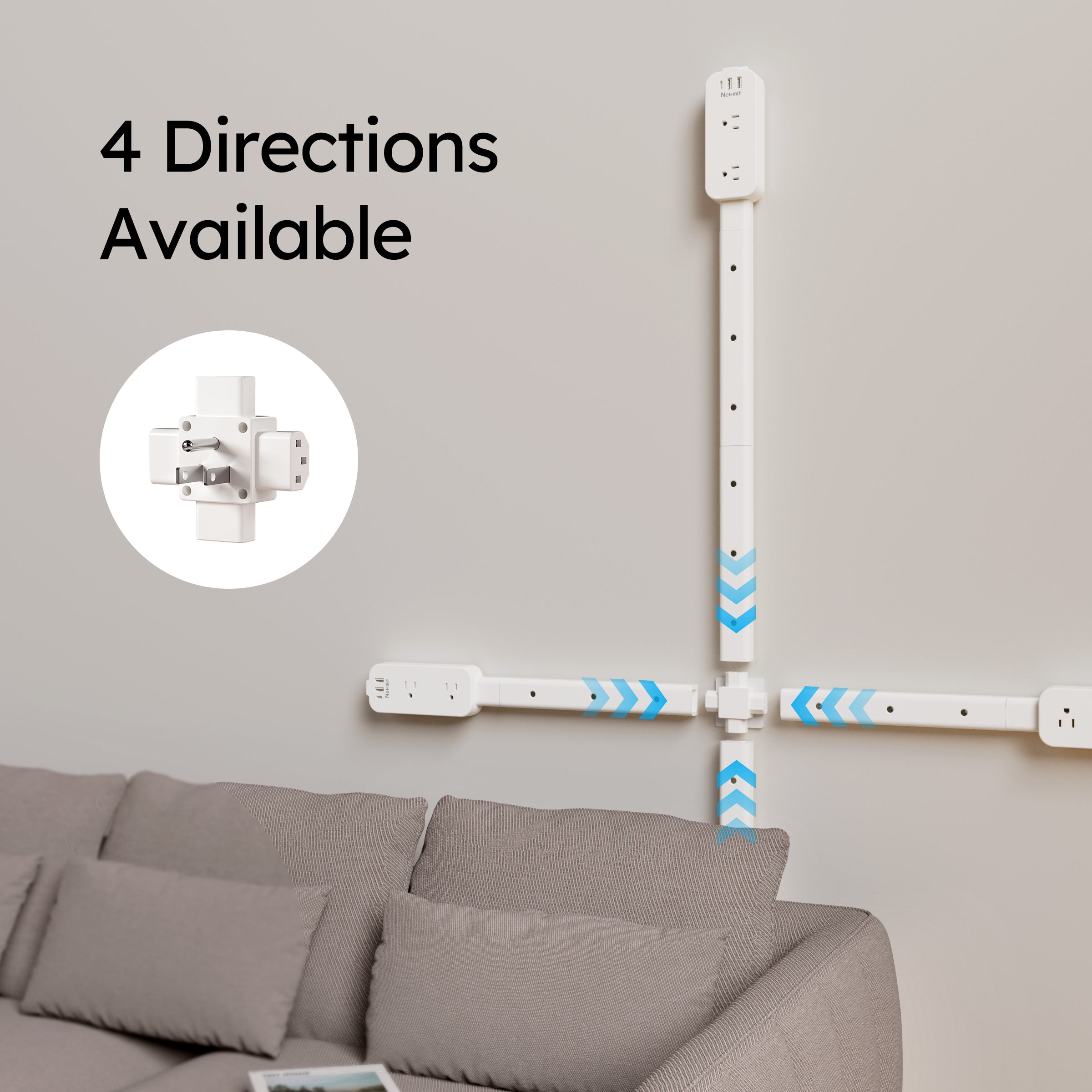 Nekmit 36" Outlet Extender Stick, 4-Way Rotation, 1 USB-C + 2 USB-A + 2 AC