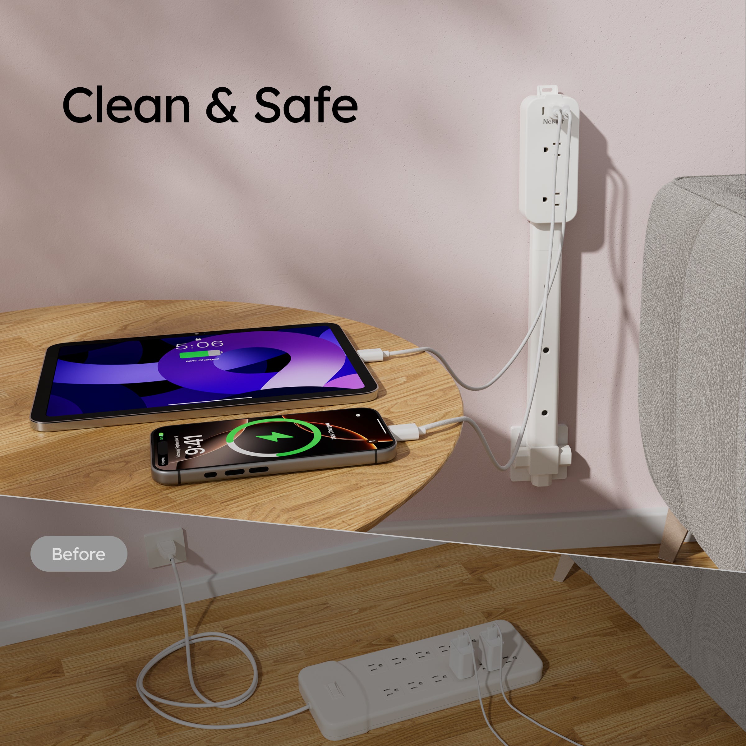 Nekmit 36" Outlet Extender Stick, 4-Way Rotation, 1 USB-C + 2 USB-A + 2 AC