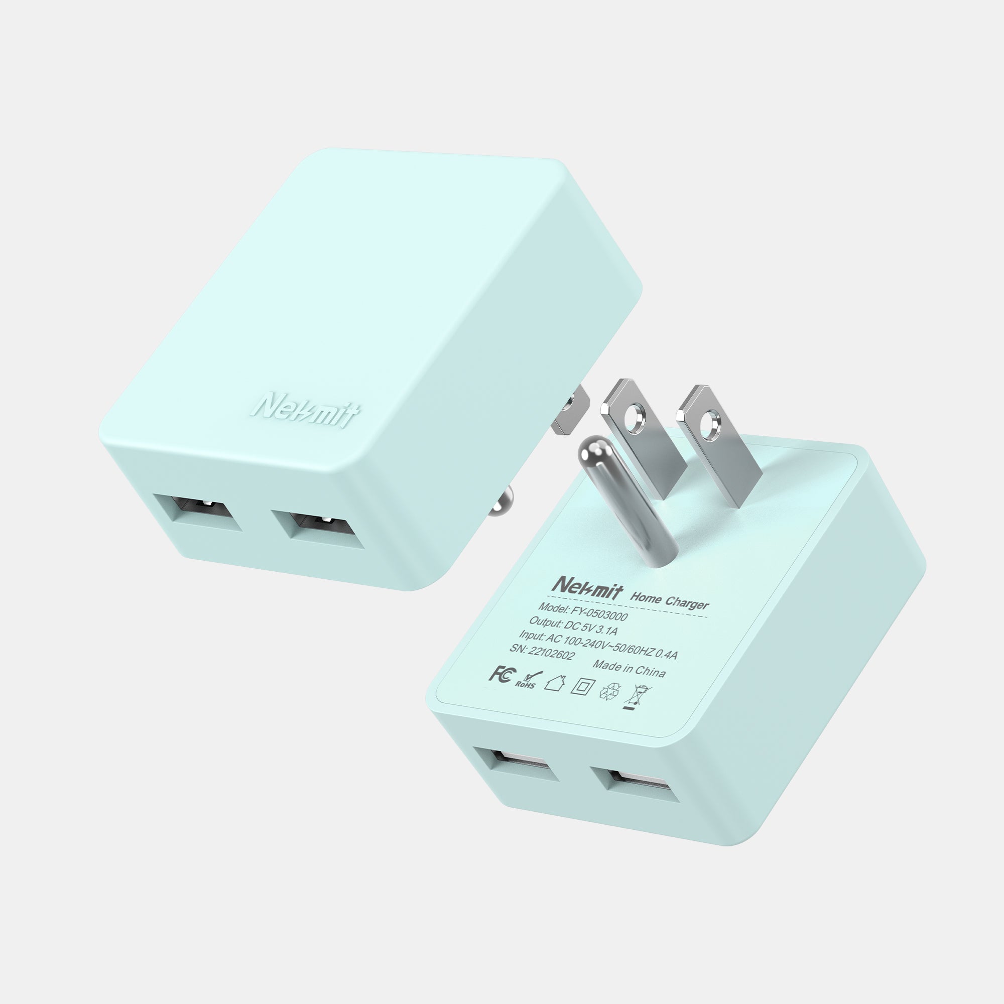 Light blue home charger with multiple ports on a light gray background