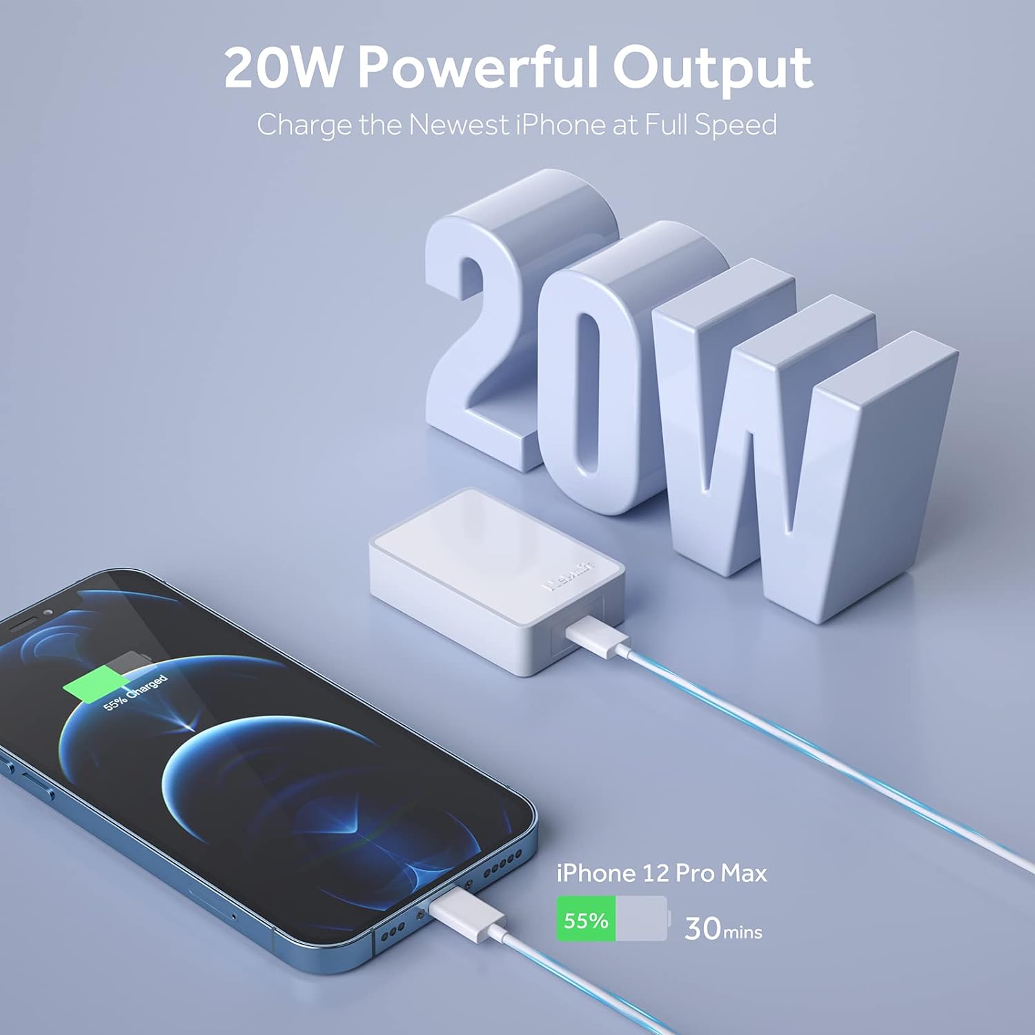 Phone charging with a power bank and '20W Powerful Output' text on a light blue background