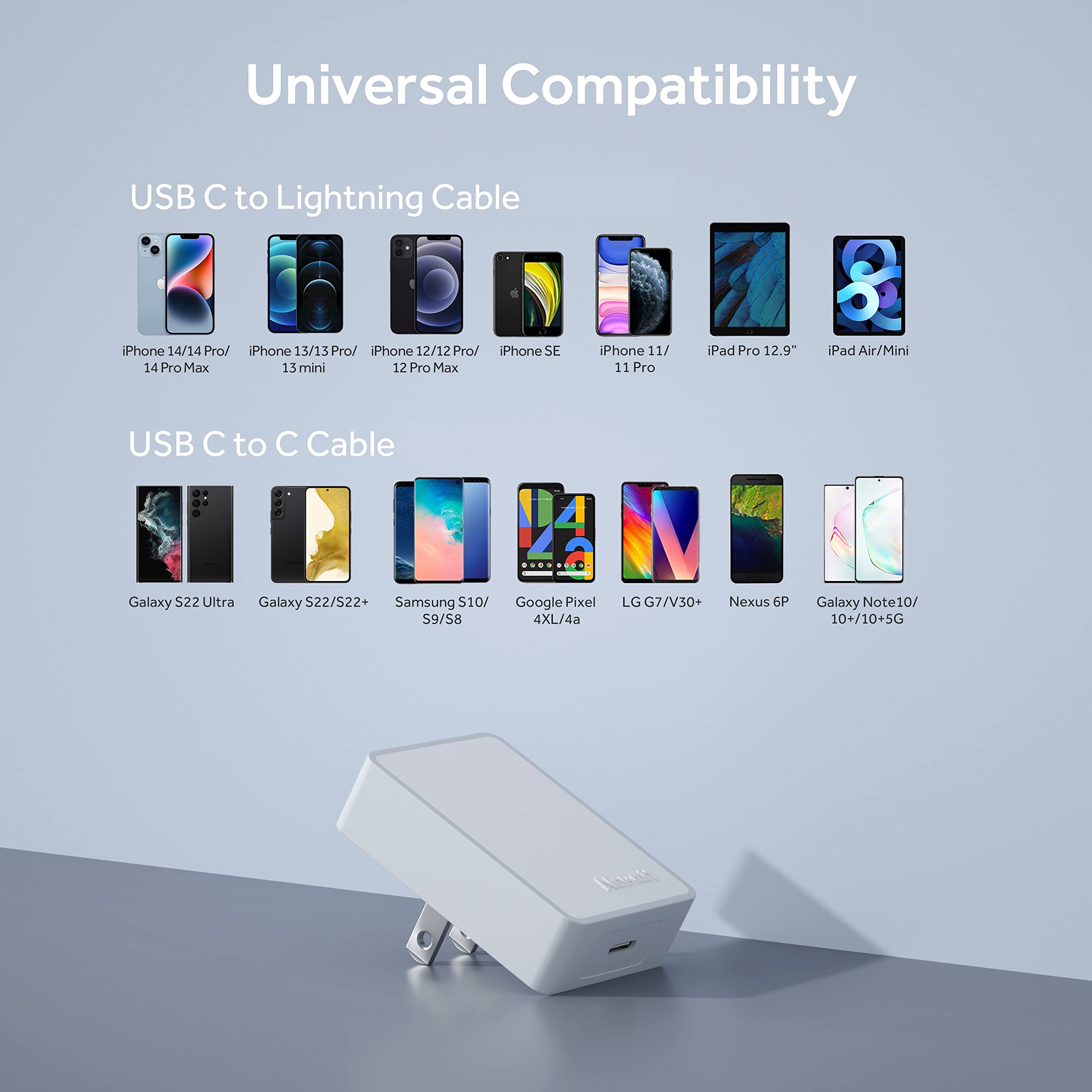 Product display with USB C to Lightning and USB C to C cables compatibility on a light gray background.