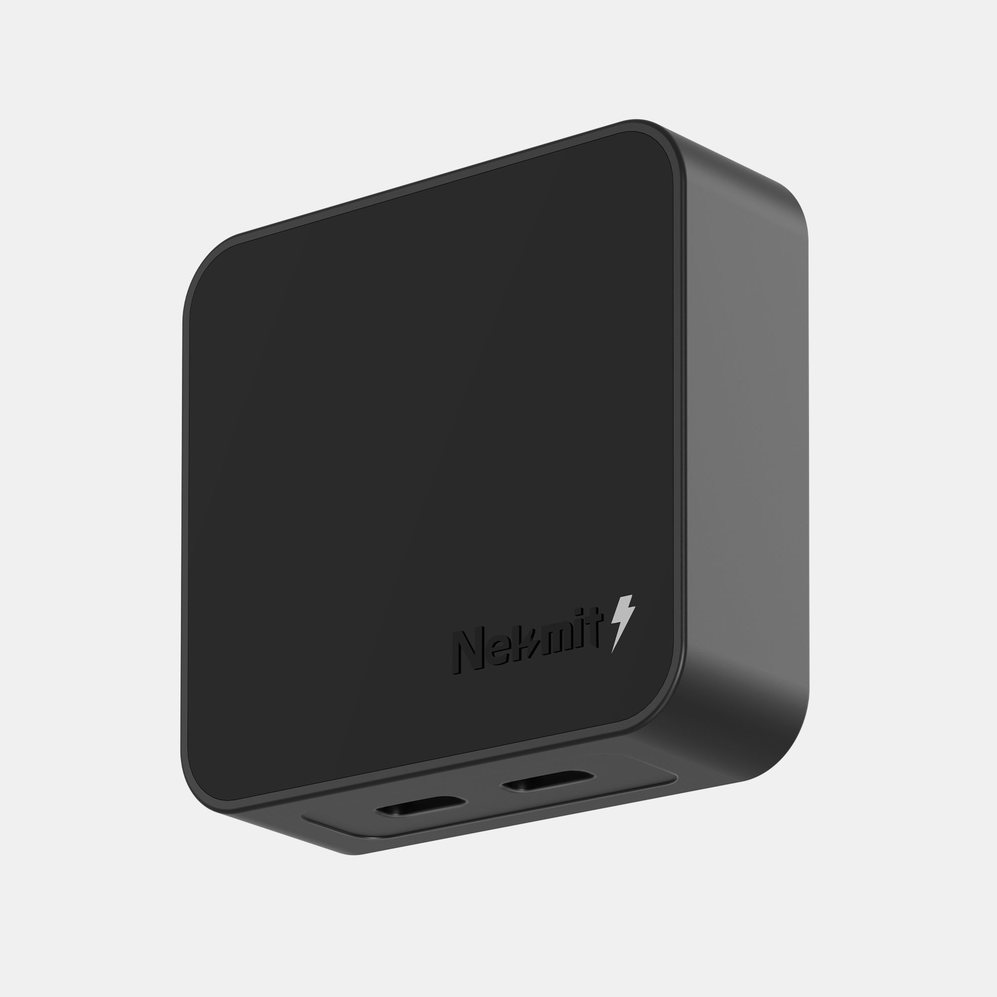 Black power adapter with multiple ports on a light gray background