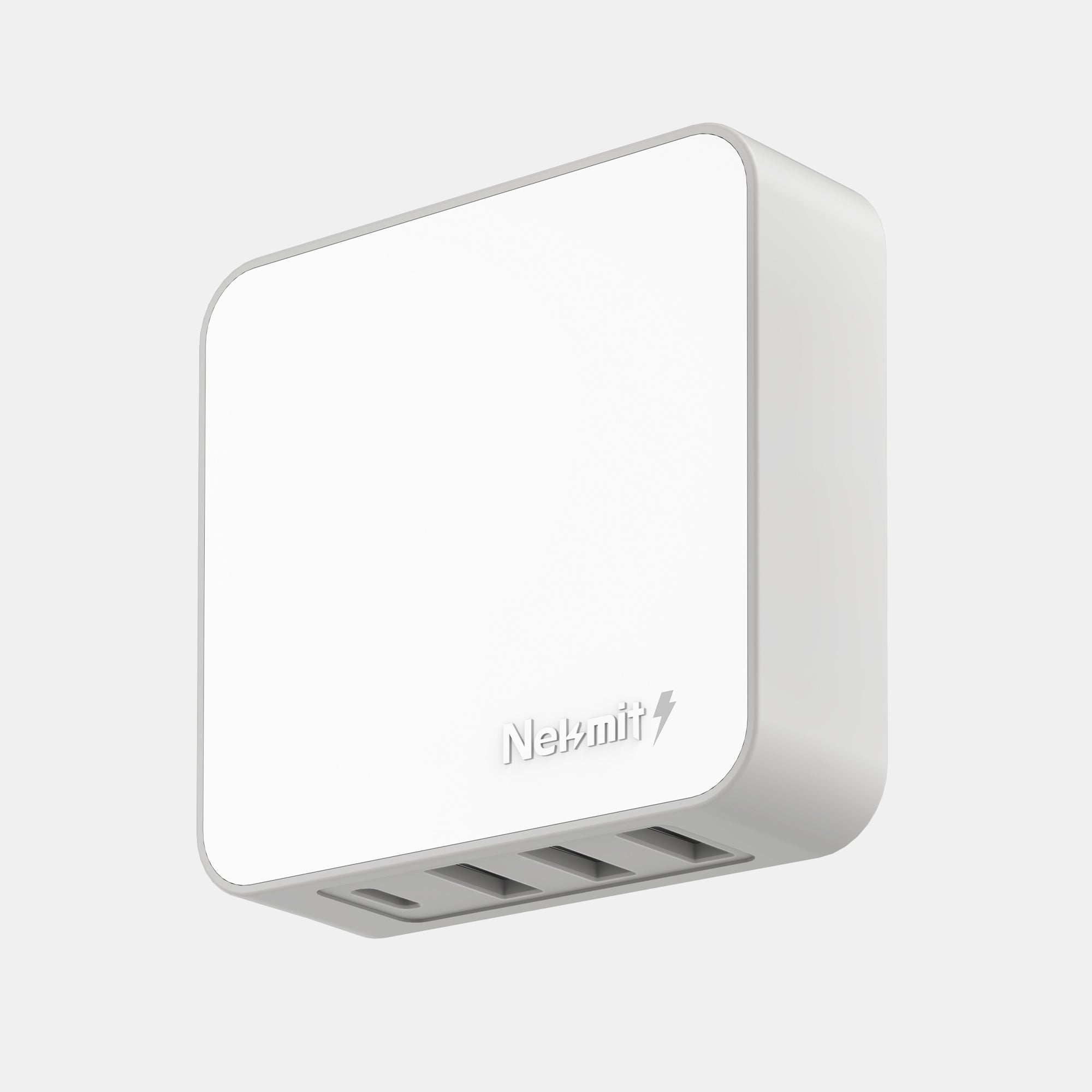 White USB hub with multiple ports on a light gray background