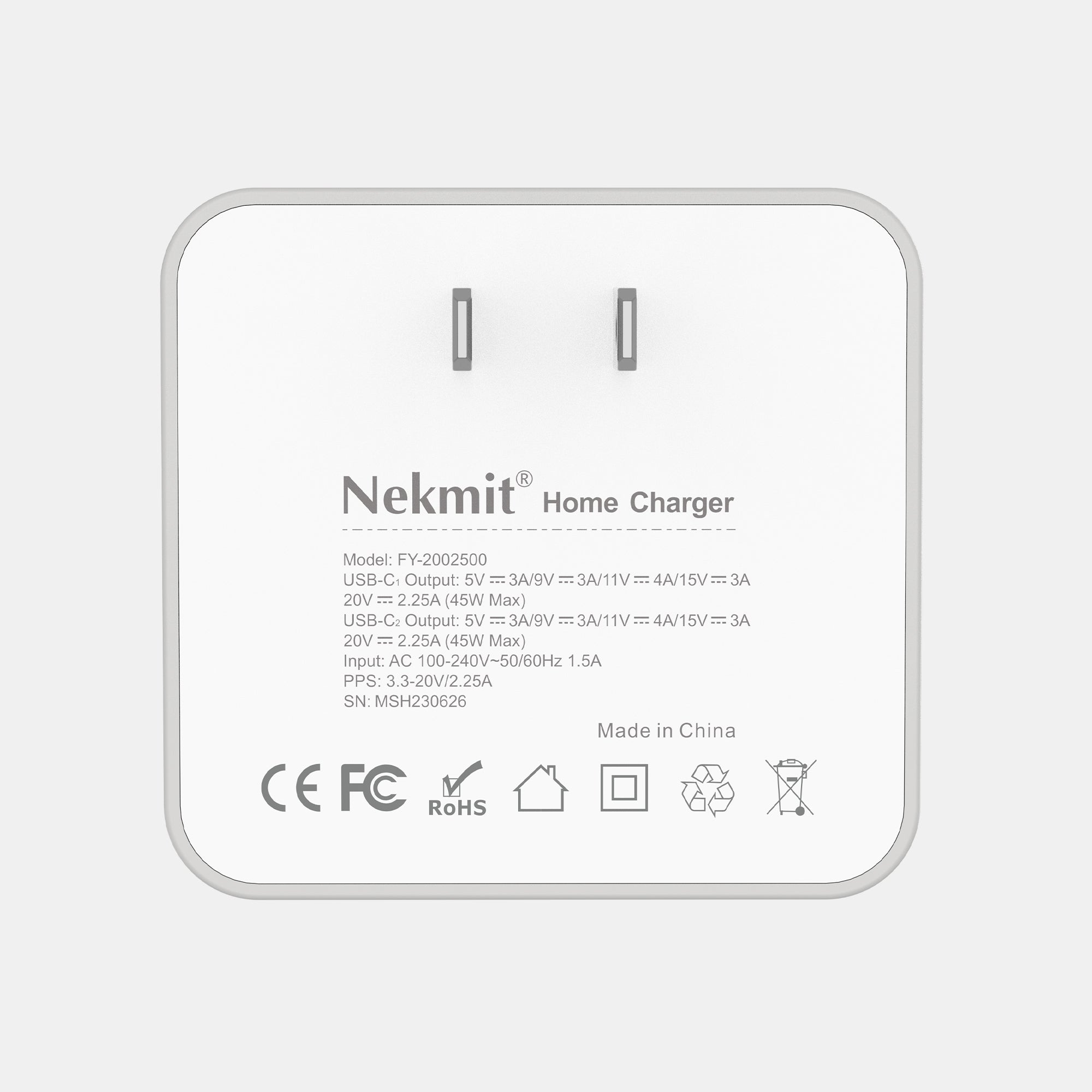 Nekmit home charger with specifications on a white background