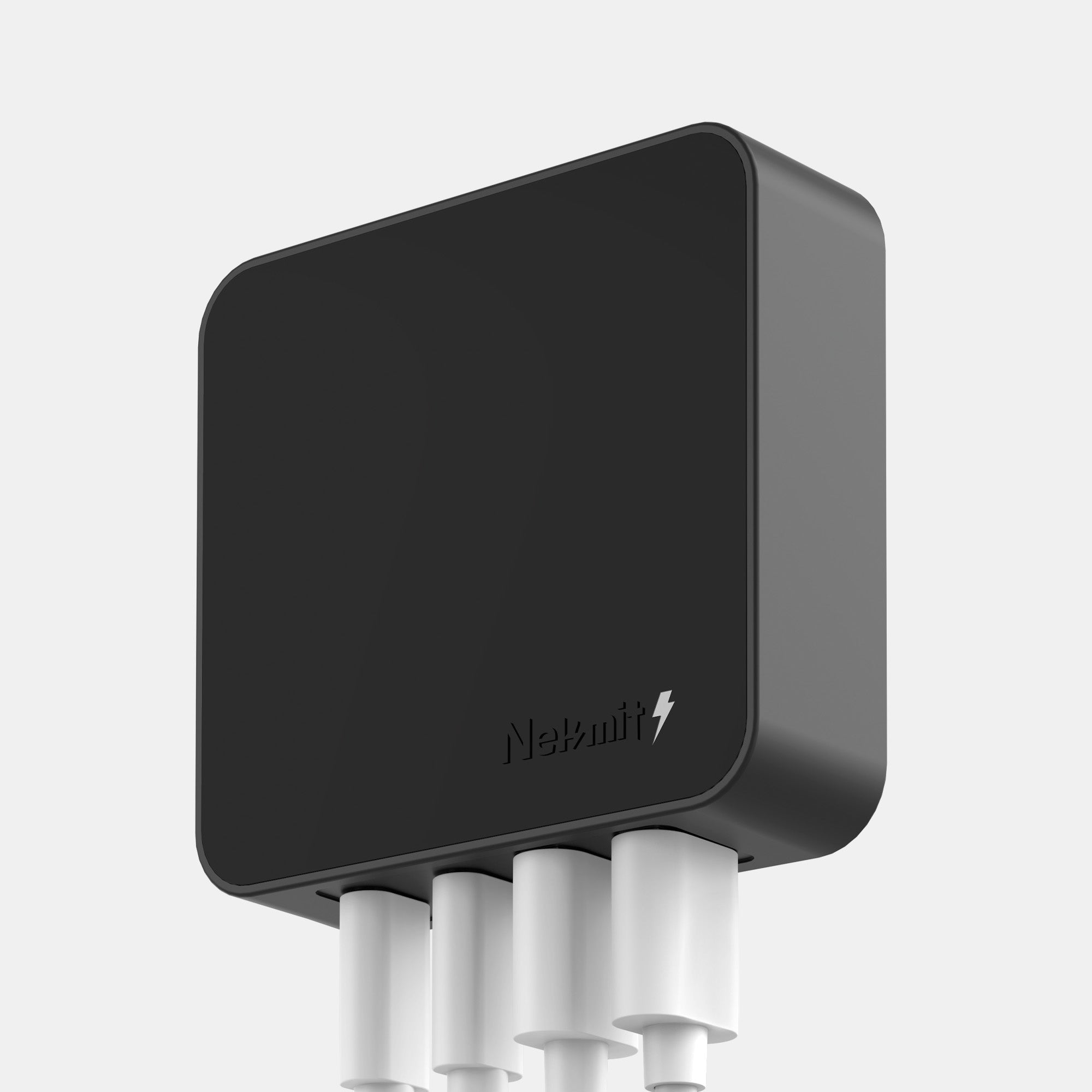 Black electronic device with white connectors on a light gray background