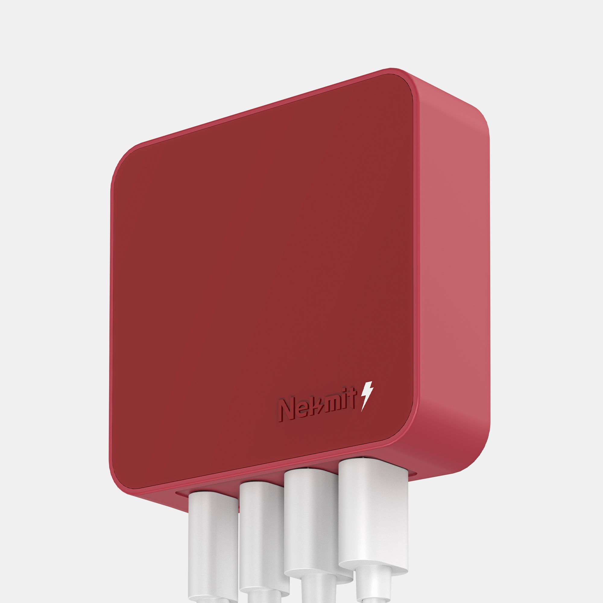 Red electronic device with multiple white outlets on a light gray background