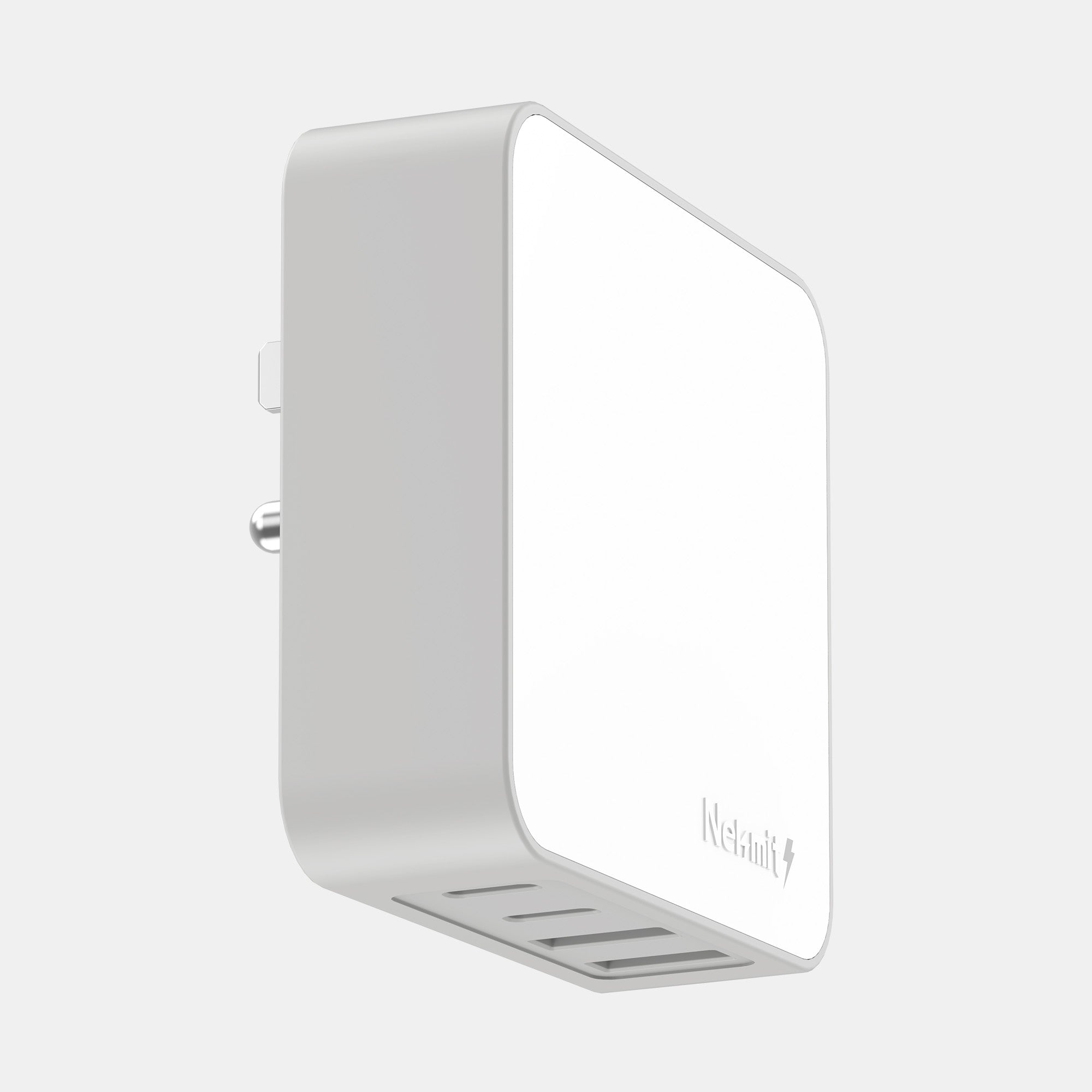 White electronic device with a brand logo on a light gray background