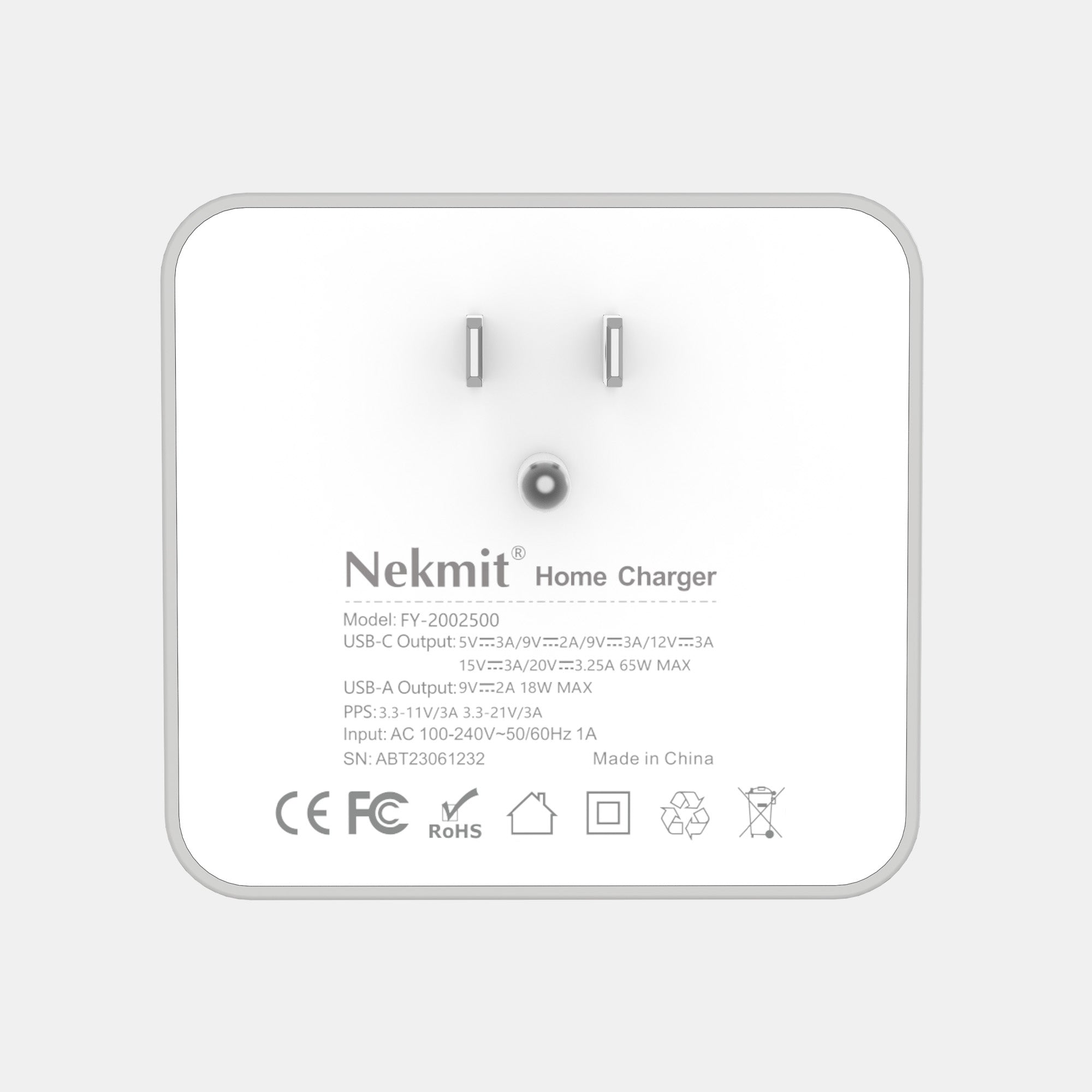Nekmit home charger with label and certification logos on a white background