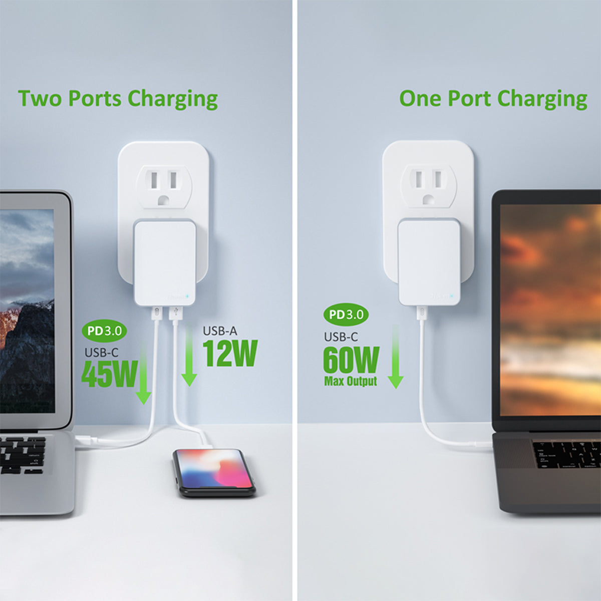 Comparison of a power adapter with two charging ports versus one port on a light gray background.