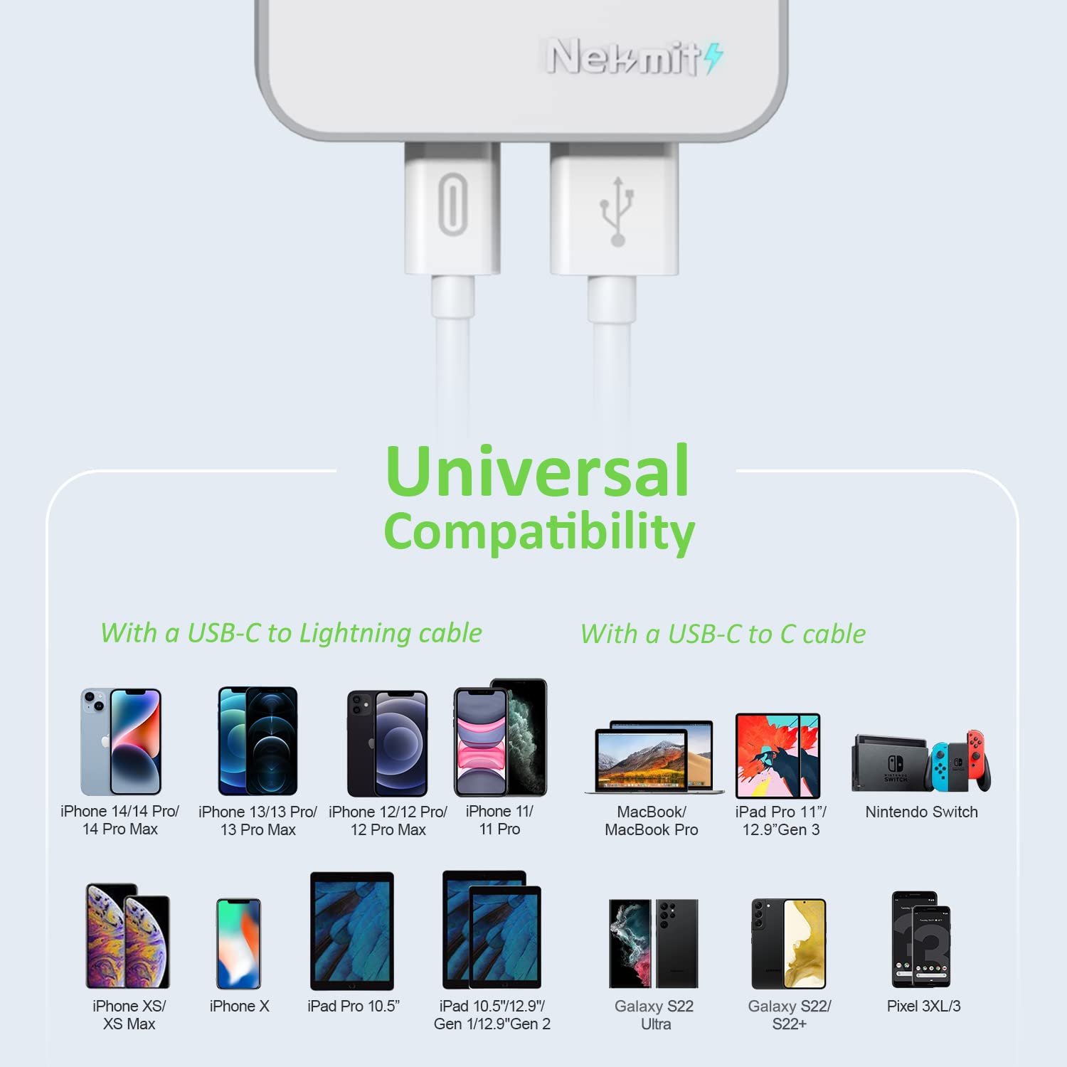Neewer charger with USB-C to Lightning and USB-C to C cables on a white background