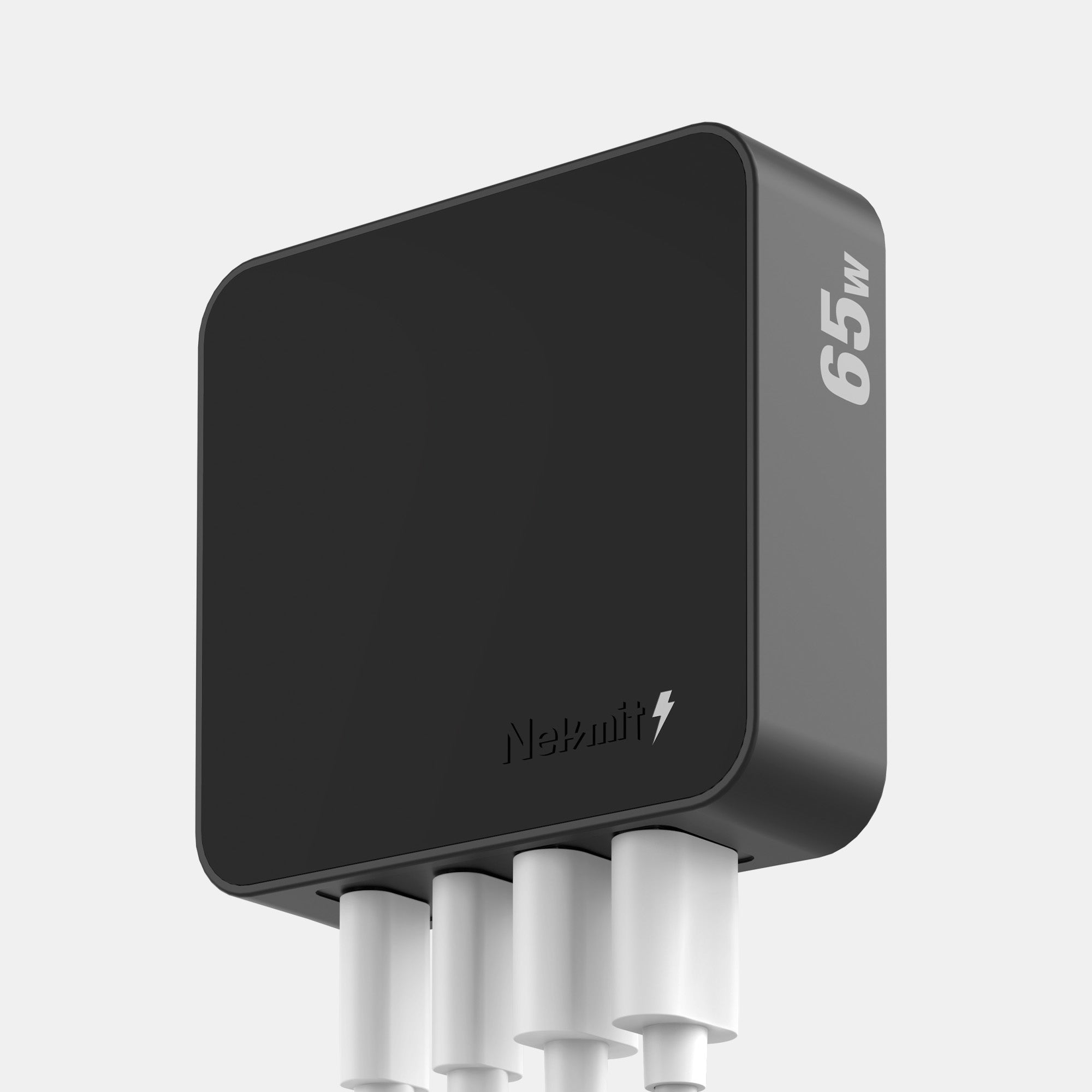 Black power adapter with multiple outlets on a light gray background