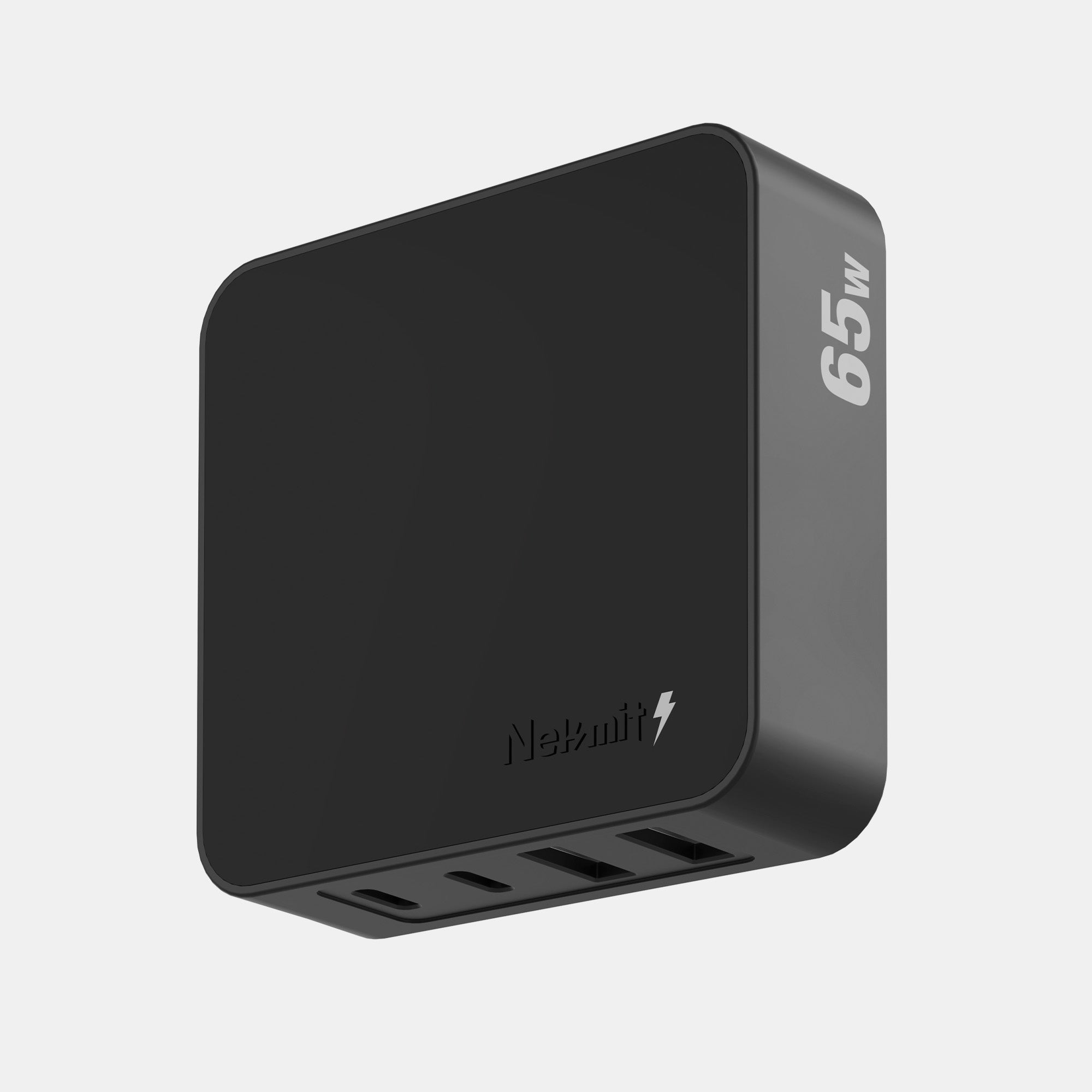 Black power adapter with multiple ports and '65W' rating on a light gray background