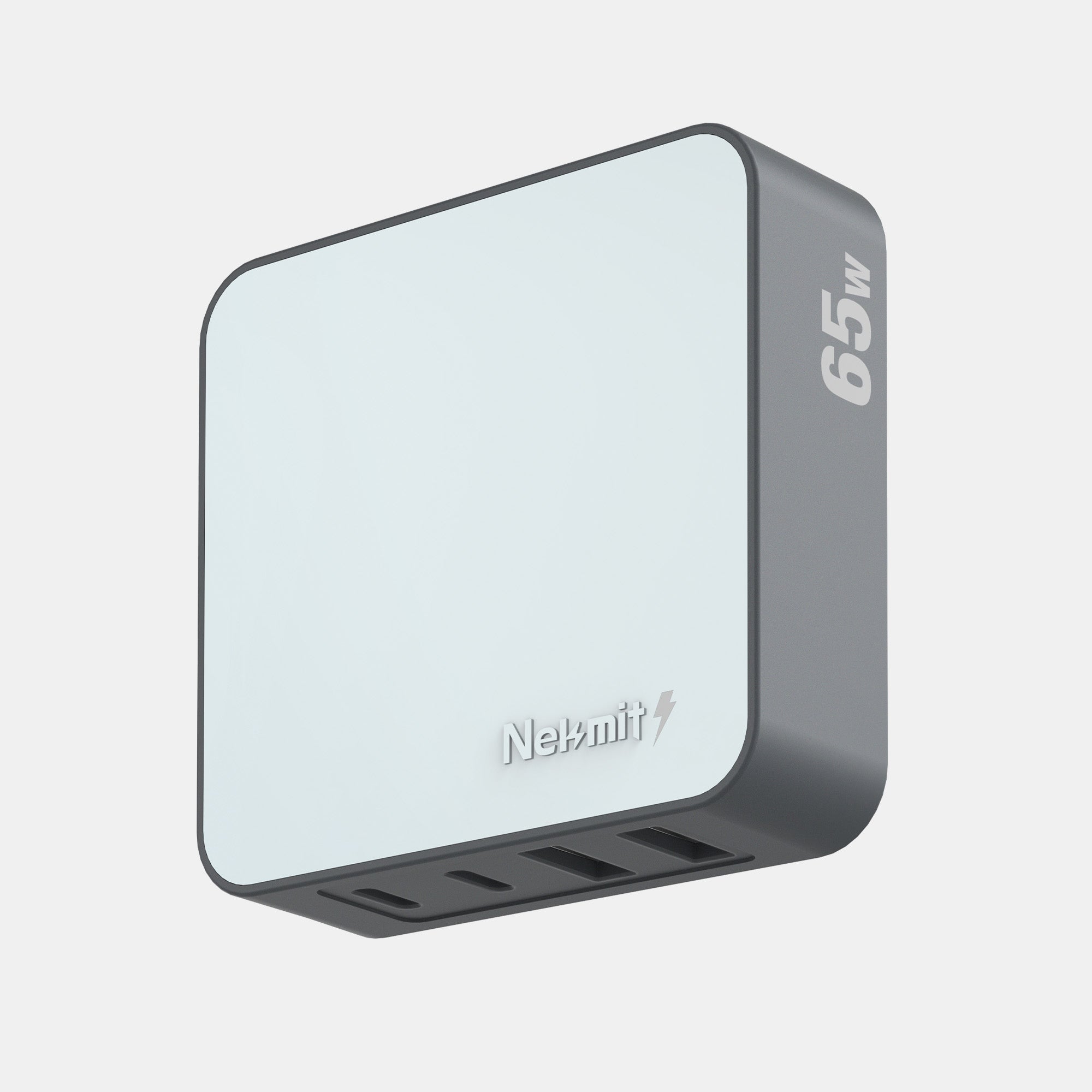 Gray power adapter with '65W' and 'Neevit' branding on a light gray background