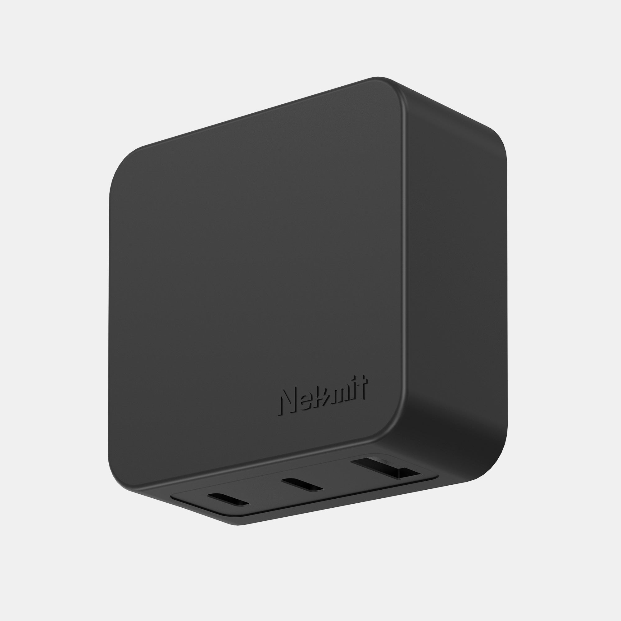 Black power adapter with multiple ports on a light gray background