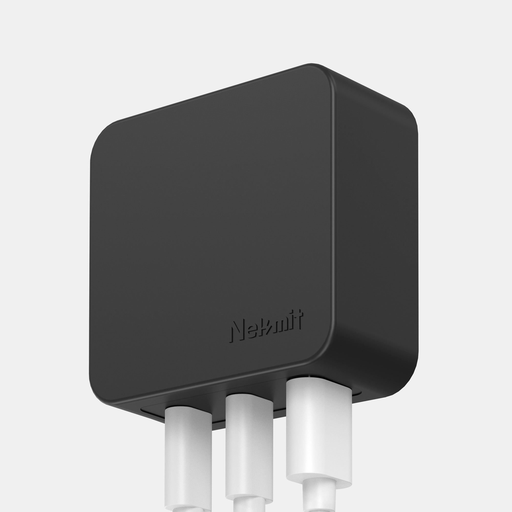 Black electronic device with white connectors on a light gray background