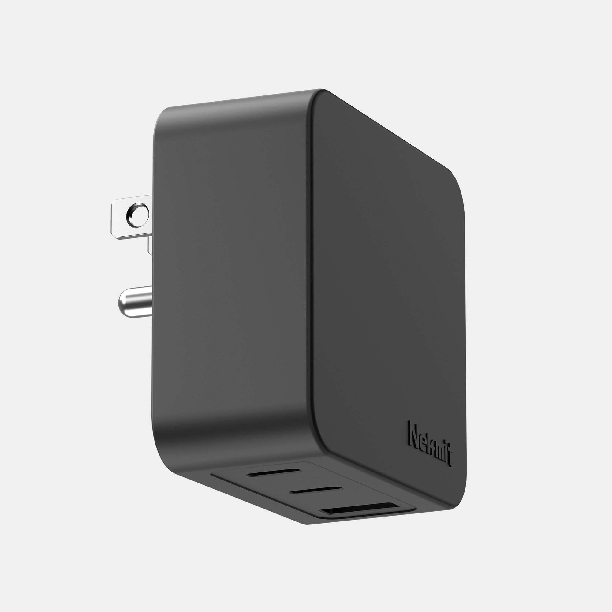 Black wall adapter with multiple outlets on a white background