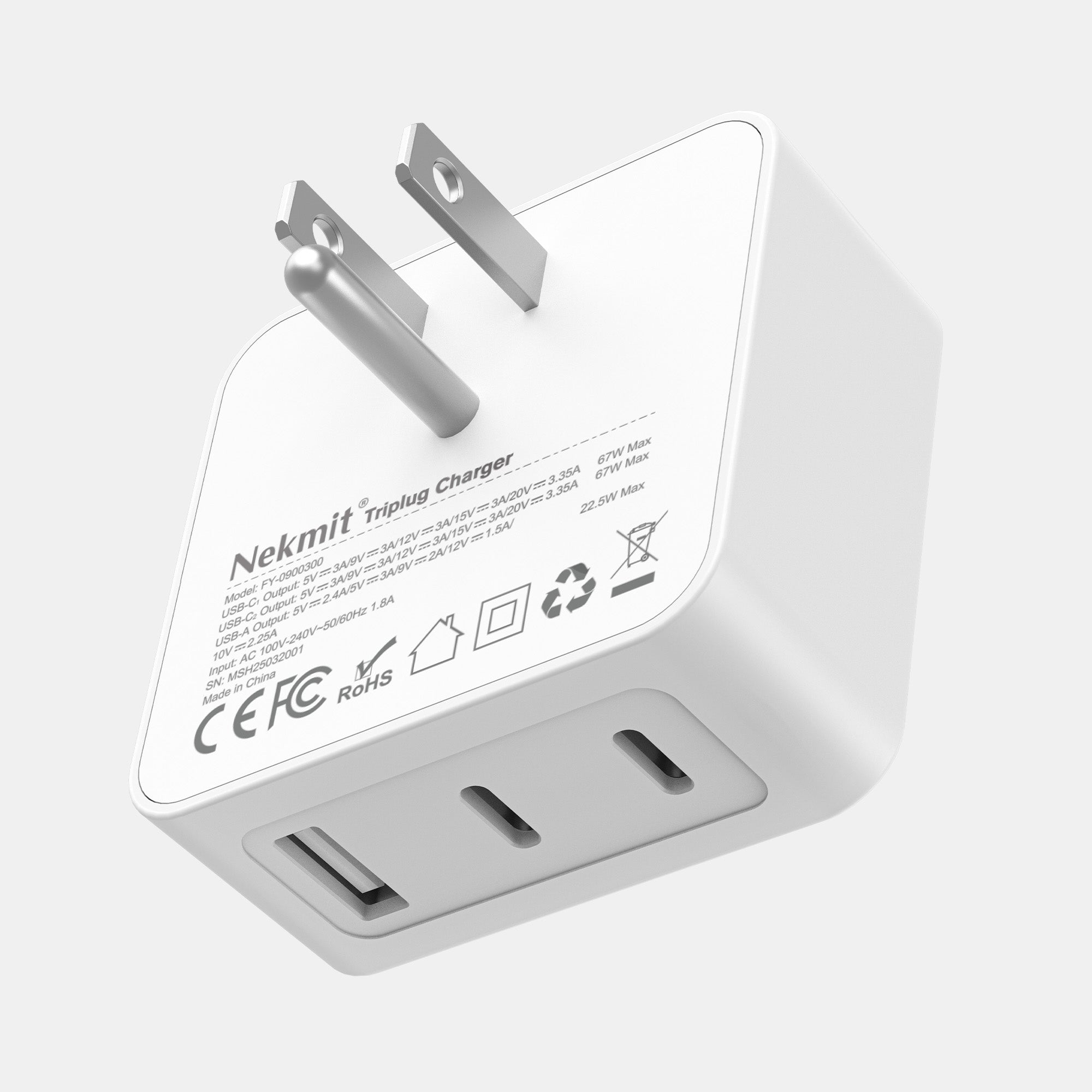 Nekmit triplug charger with multiple USB ports on a white background