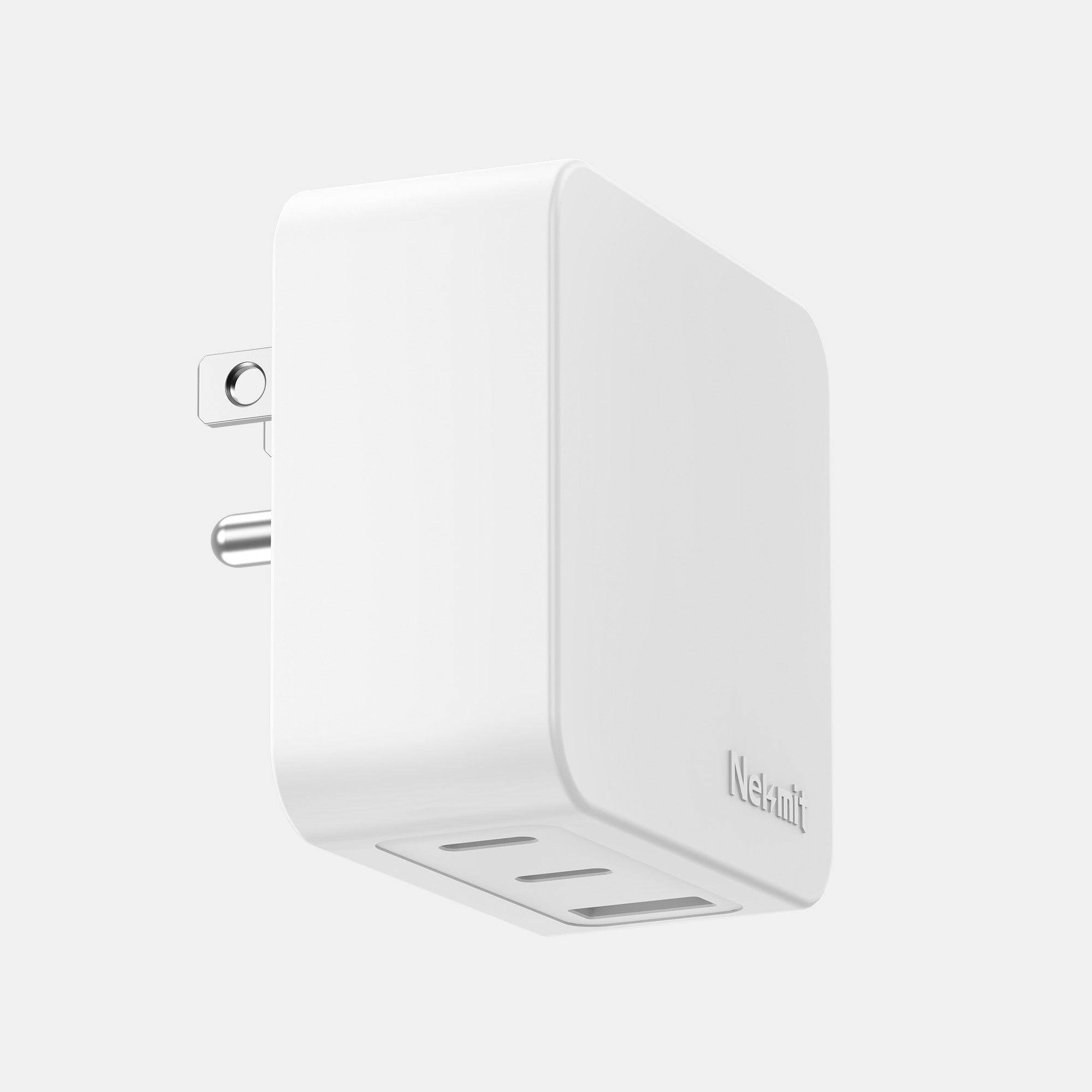 White power adapter with USB port and multiple sockets on a light gray background