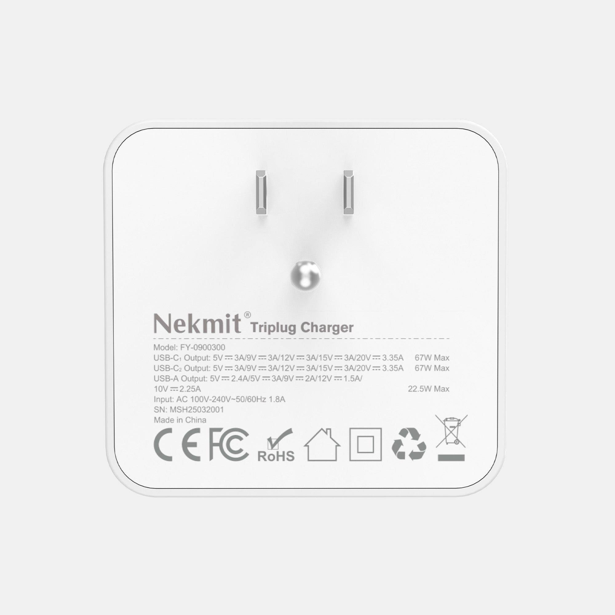 Nekmit triplug charger with label on a white background