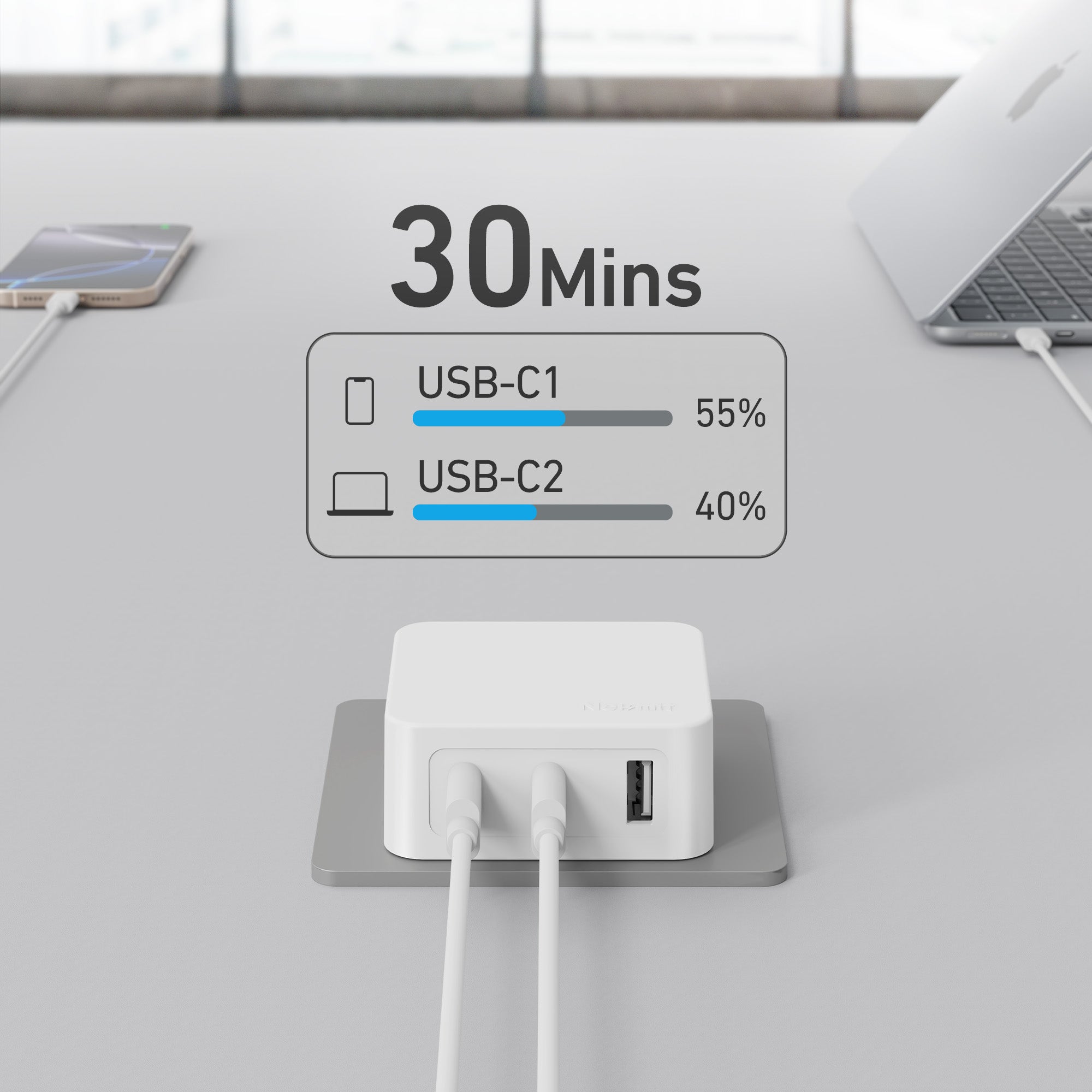 USB-C charging station with two devices being charged, showing battery percentages on a digital display.