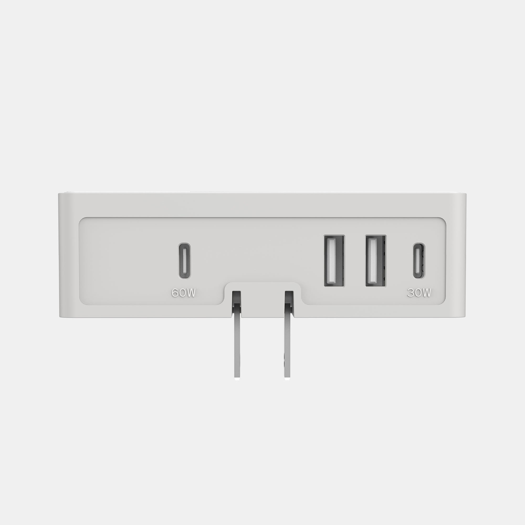 White electronic device with multiple ports on a light gray background