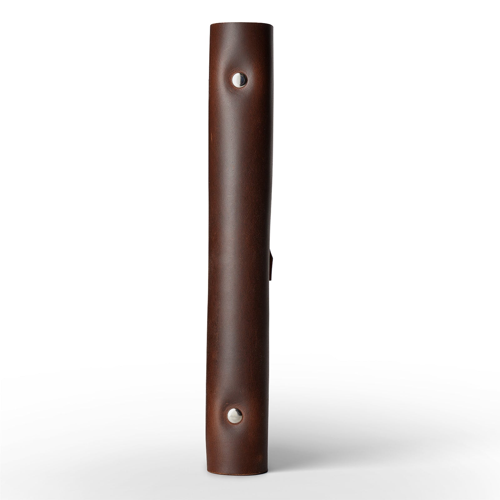 Brown leather case with two circular holes on a white background